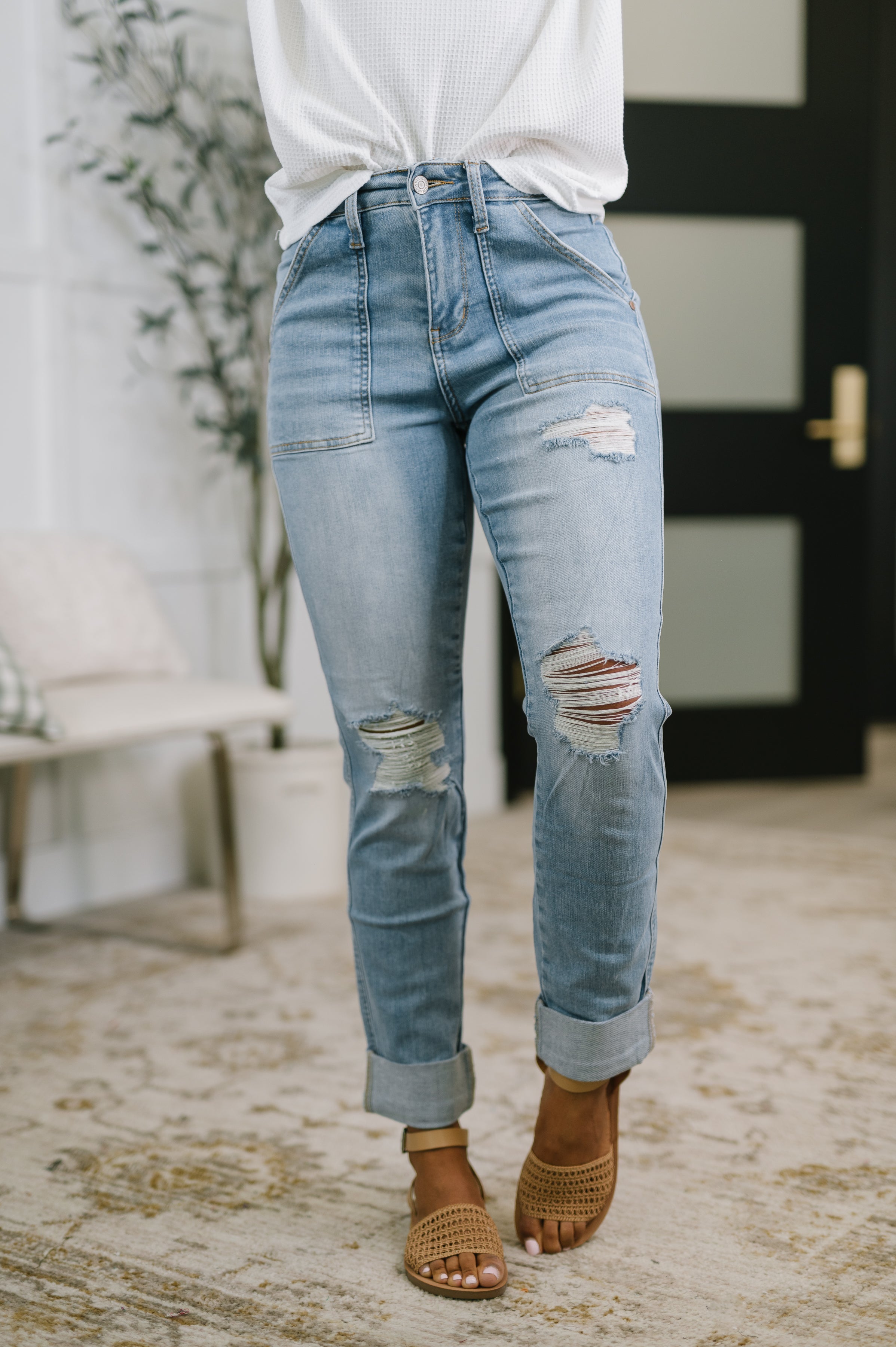 Aiden High Rise Patch Pocket Distressed Boyfriend Jeans-Denim-Stay Foxy Boutique, Florissant, Missouri