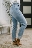 Aiden High Rise Patch Pocket Distressed Boyfriend Jeans-Denim-Stay Foxy Boutique, Florissant, Missouri