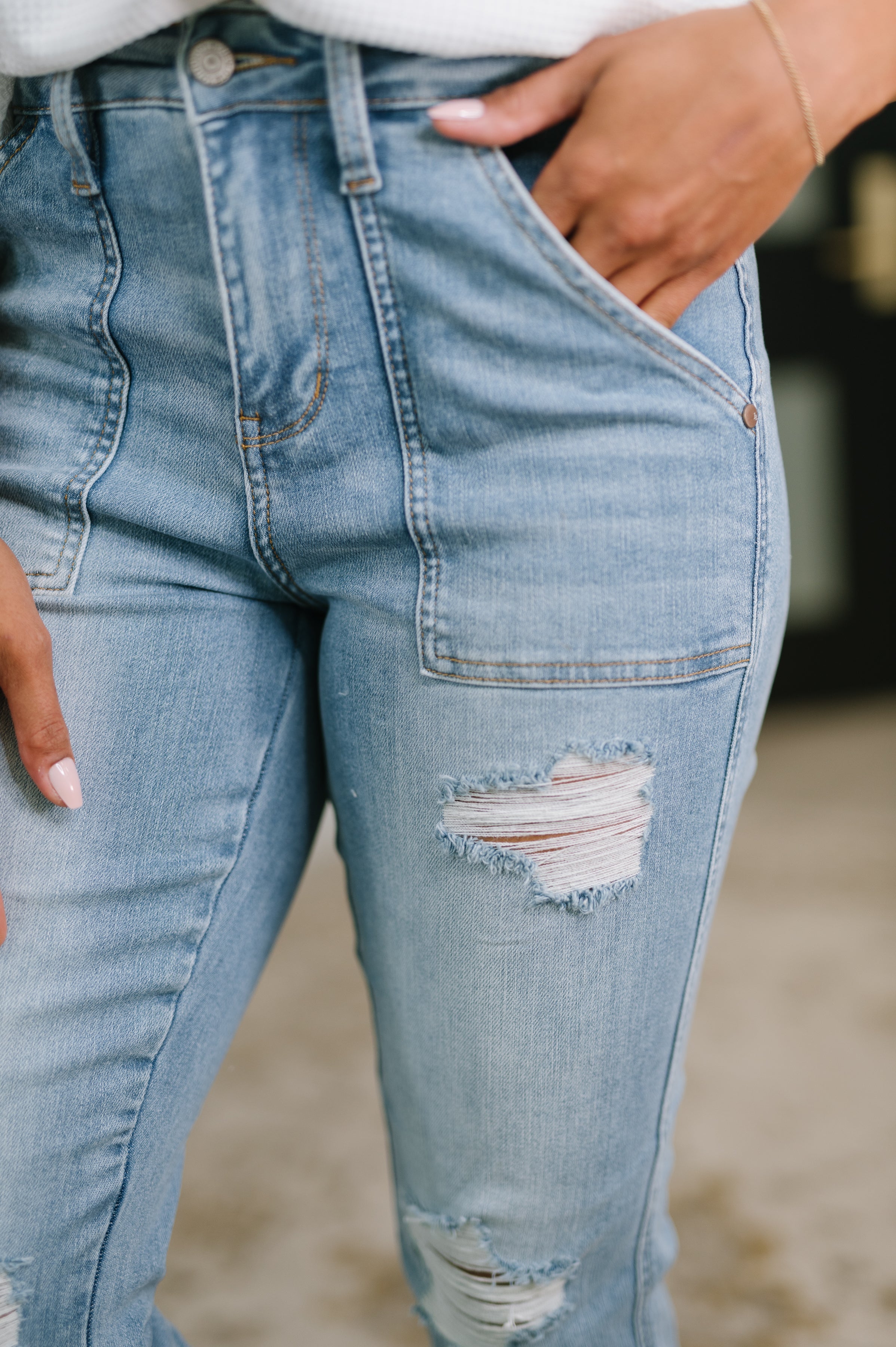 Aiden High Rise Patch Pocket Distressed Boyfriend Jeans-Denim-Stay Foxy Boutique, Florissant, Missouri