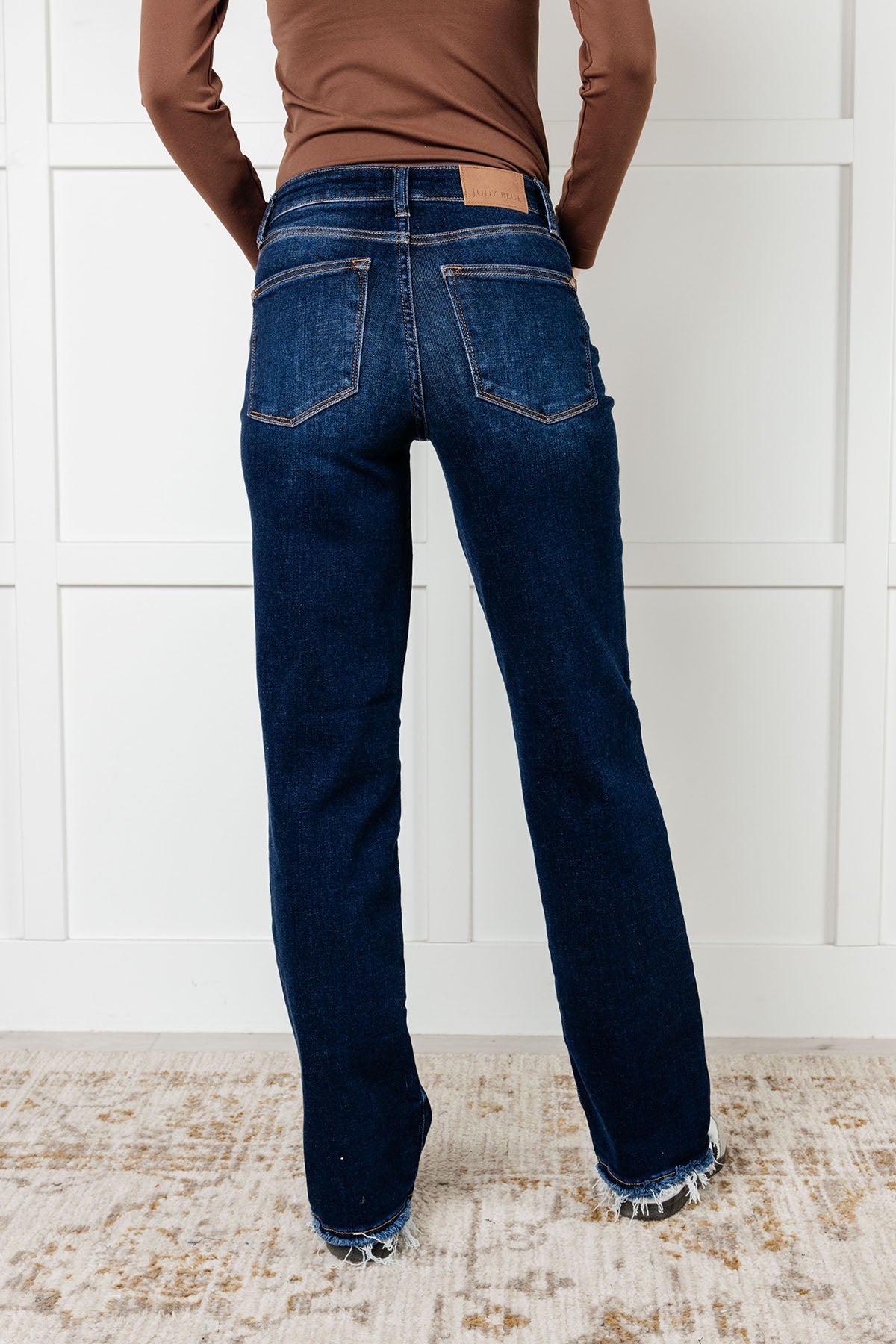 Jacqueline Mid Rise Frayed Hem Straight Leg Jean-Denim-Stay Foxy Boutique, Florissant, Missouri