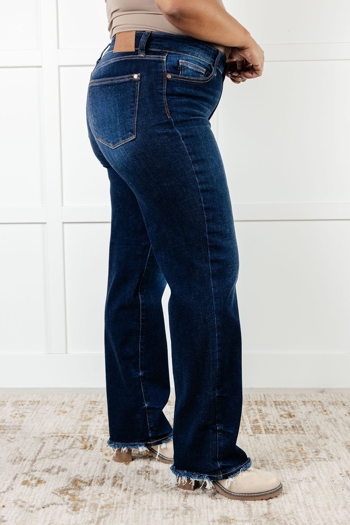 Jacqueline Mid Rise Frayed Hem Straight Leg Jean-Denim-Stay Foxy Boutique, Florissant, Missouri