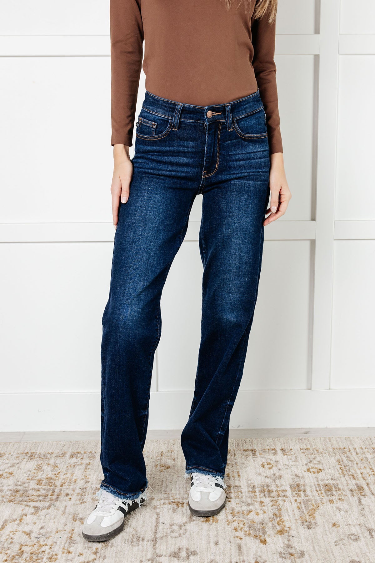 Jacqueline Mid Rise Frayed Hem Straight Leg Jean-Denim-Stay Foxy Boutique, Florissant, Missouri