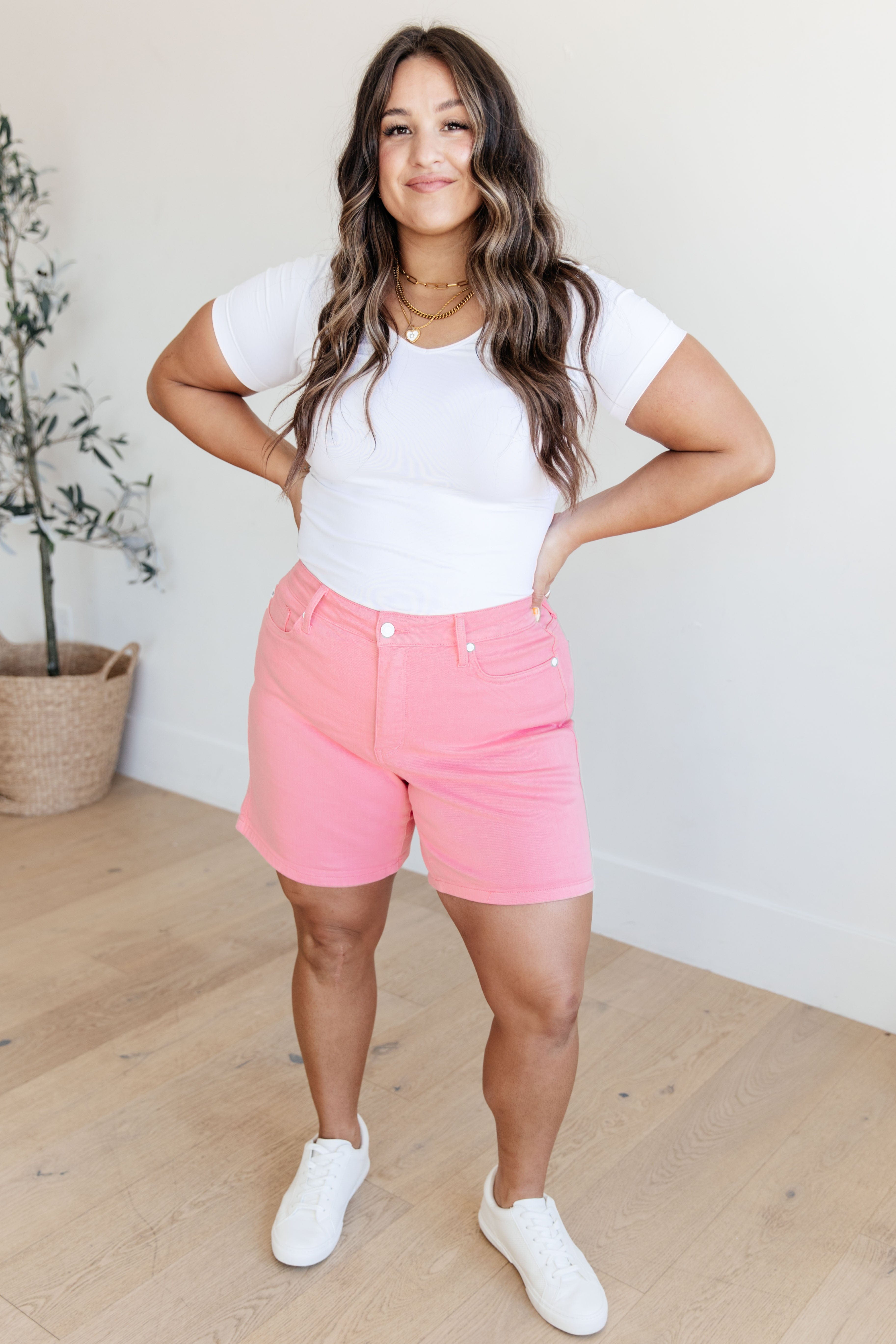 Jenna High Rise Control Top Cuffed Shorts in Pink-Womens-Stay Foxy Boutique, Florissant, Missouri