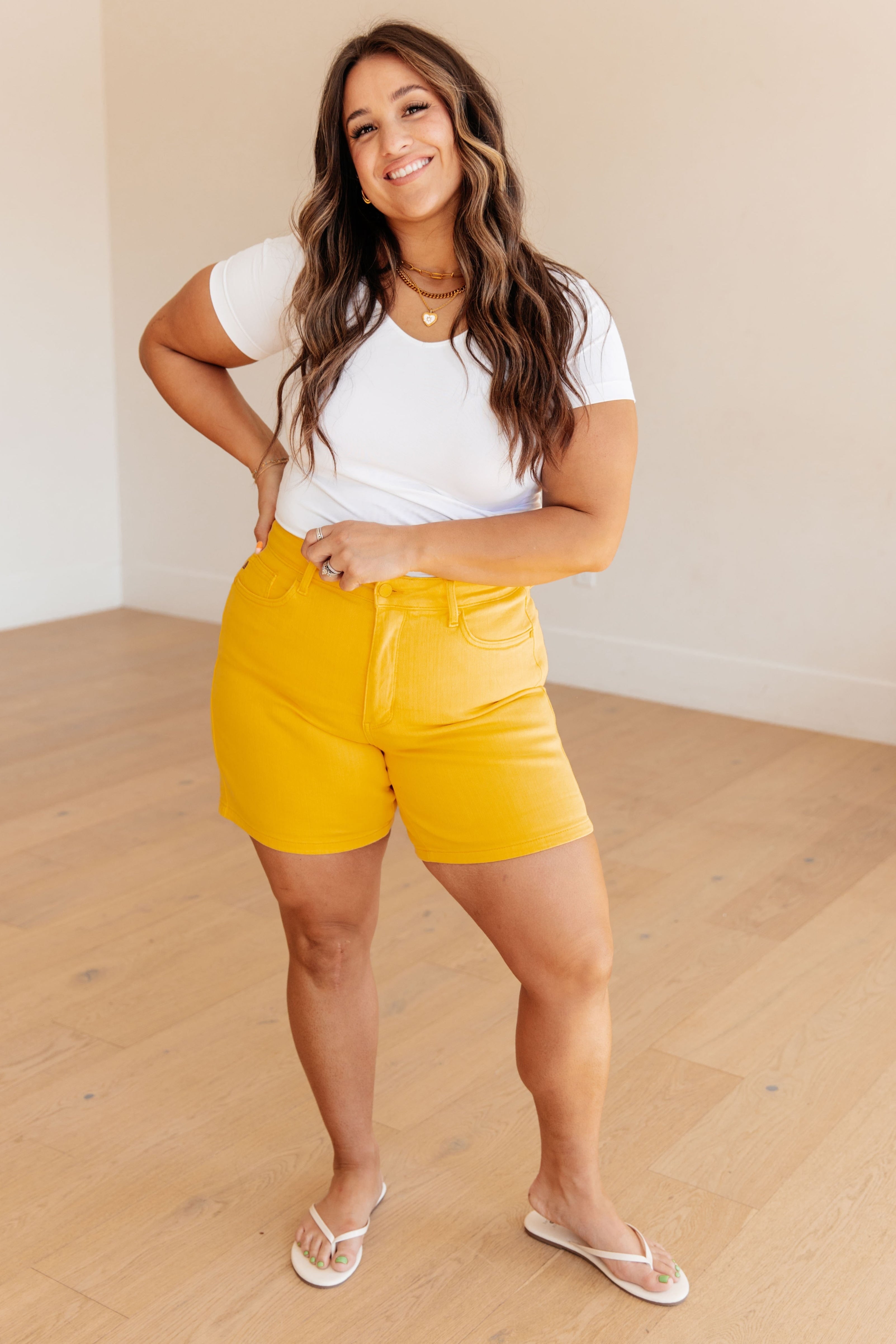 Jenna High Rise Control Top Cuffed Shorts in Yellow-Womens-Stay Foxy Boutique, Florissant, Missouri
