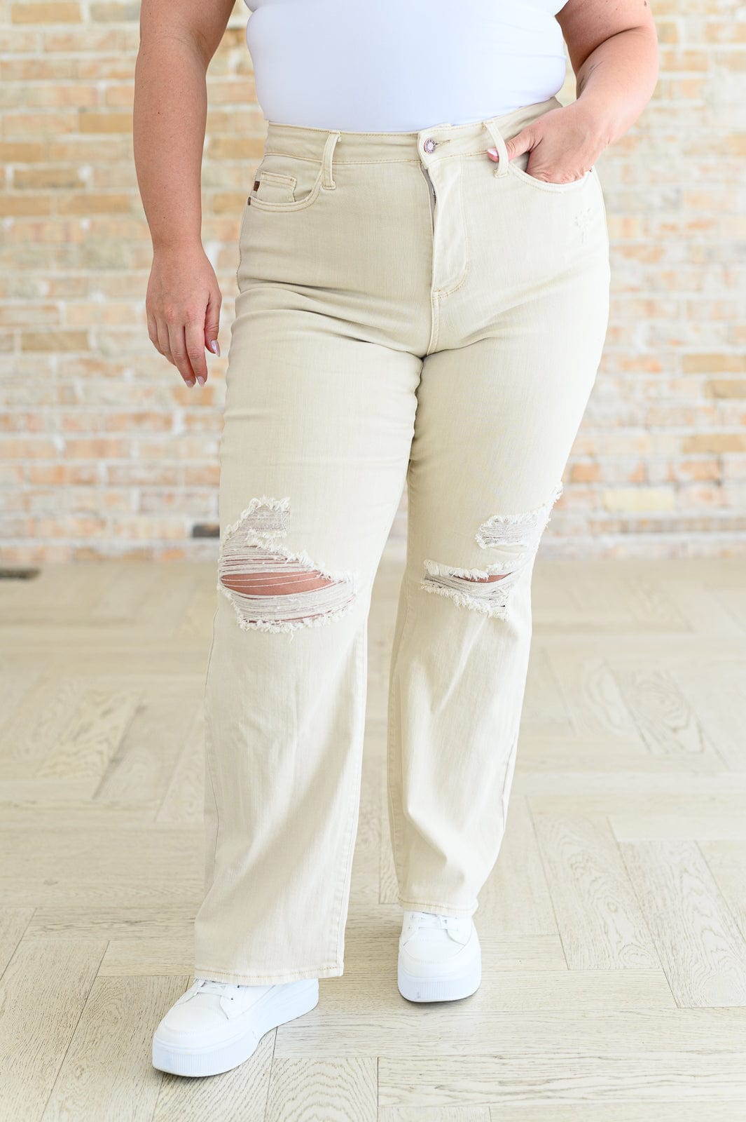 Selena High Rise Distressed 90's Straight Jeans in Bone-Womens-Stay Foxy Boutique, Florissant, Missouri