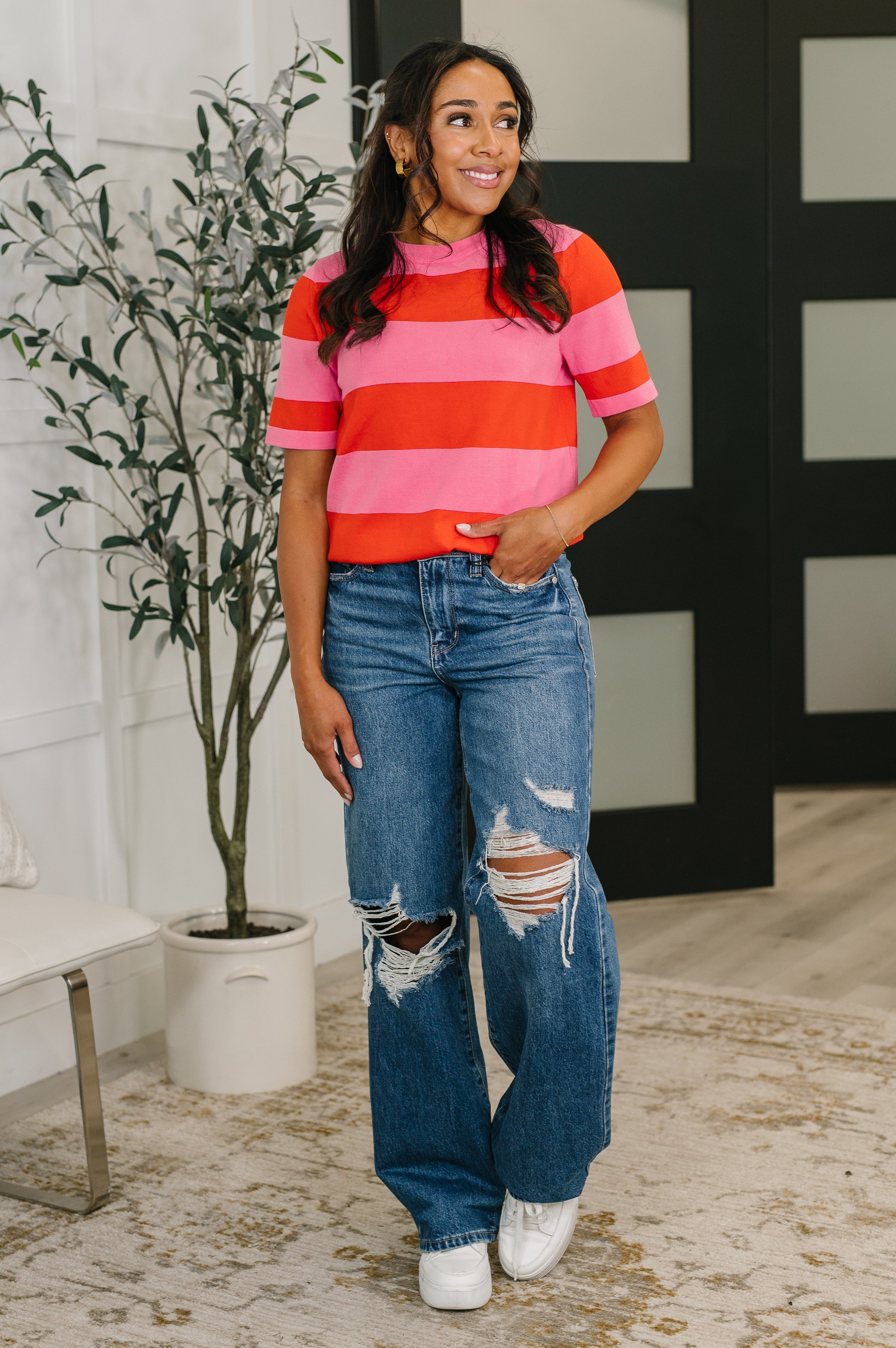 Known for a While Knit Blouse in Pink and Red-Womens-Stay Foxy Boutique, Florissant, Missouri