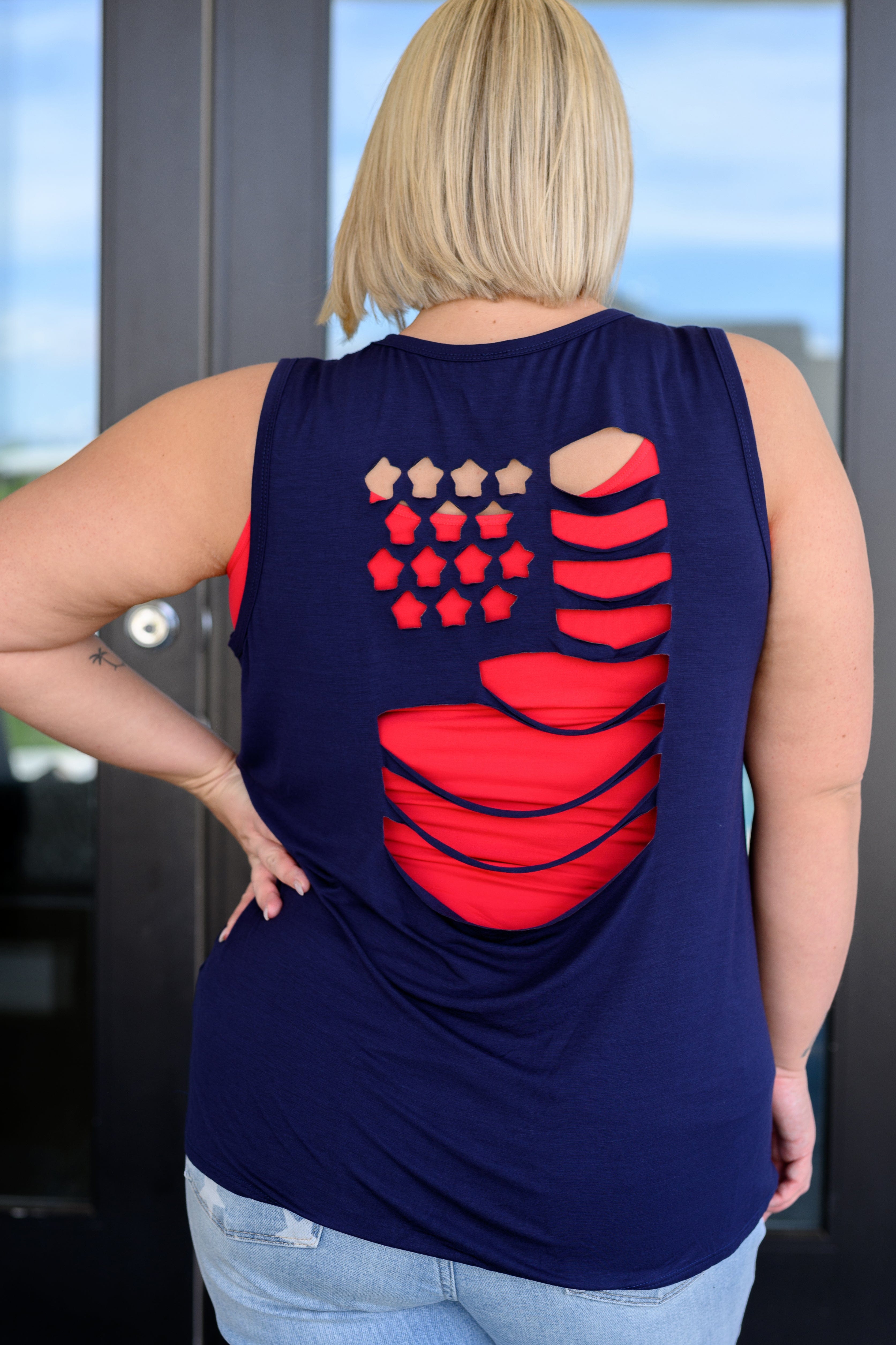 Land of the Free Tank in Navy-Tops-Stay Foxy Boutique, Florissant, Missouri