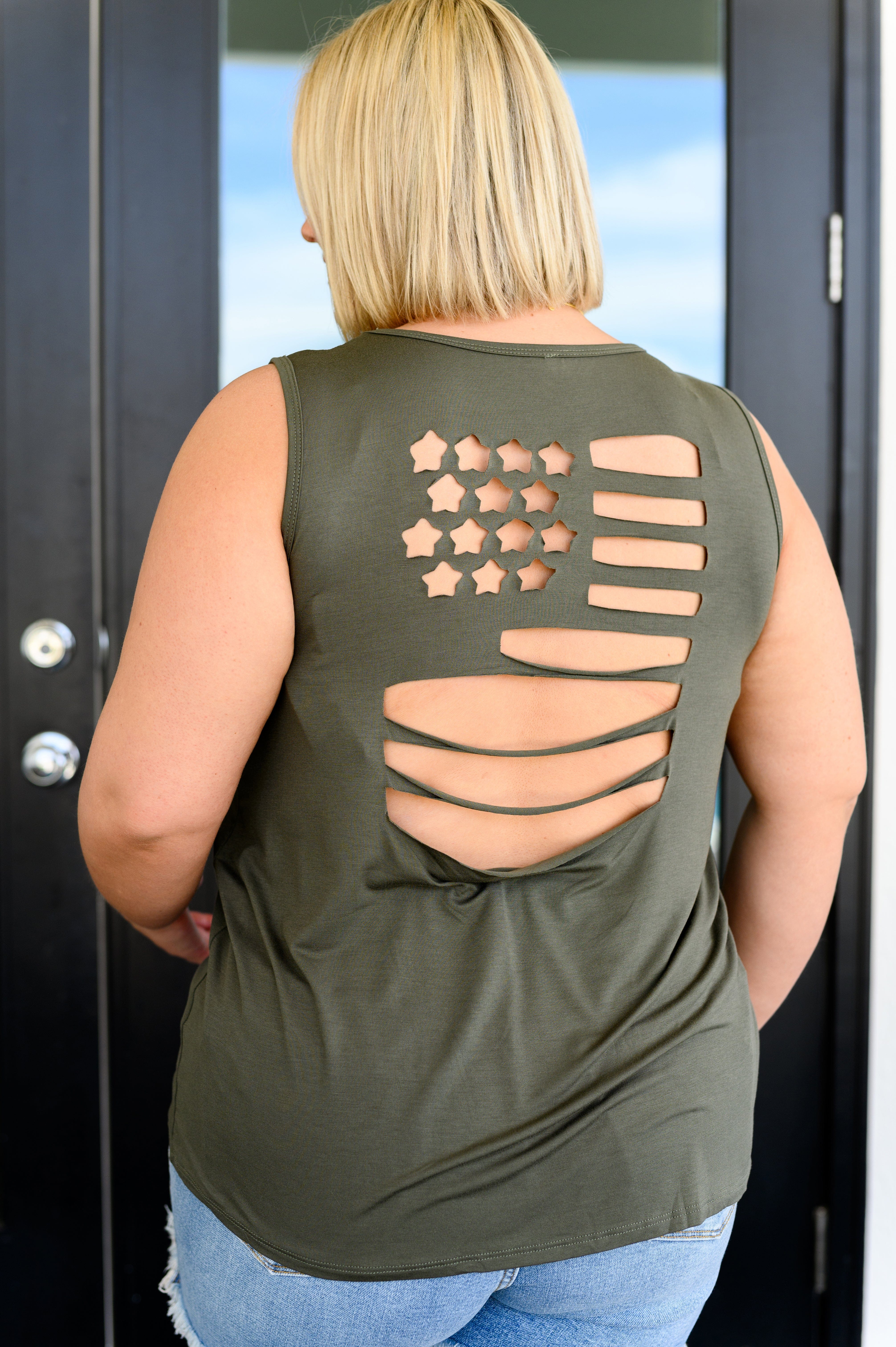 Land of the Free Tank in Olive-Tops-Stay Foxy Boutique, Florissant, Missouri