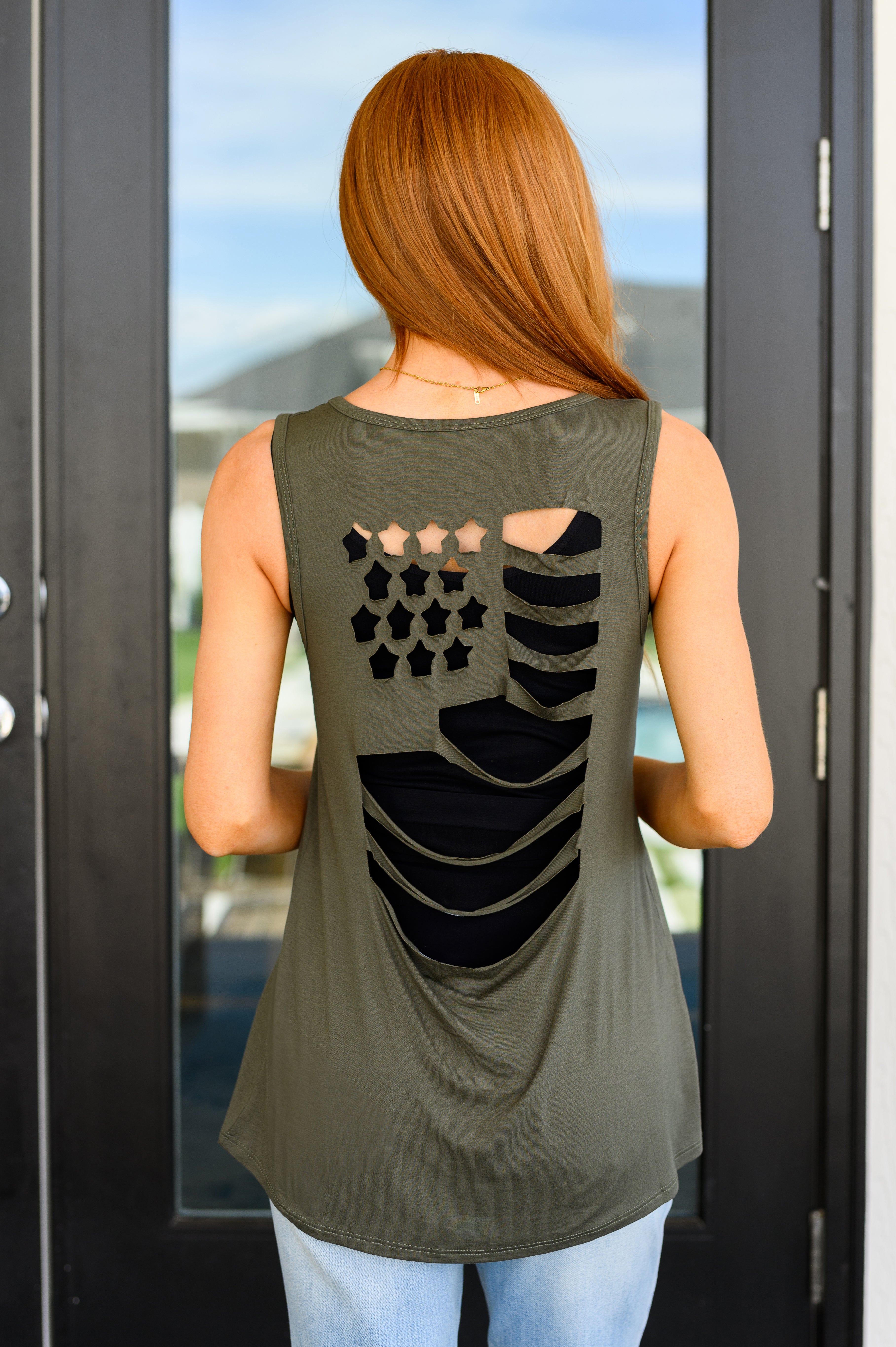 Land of the Free Tank in Olive-Tops-Stay Foxy Boutique, Florissant, Missouri