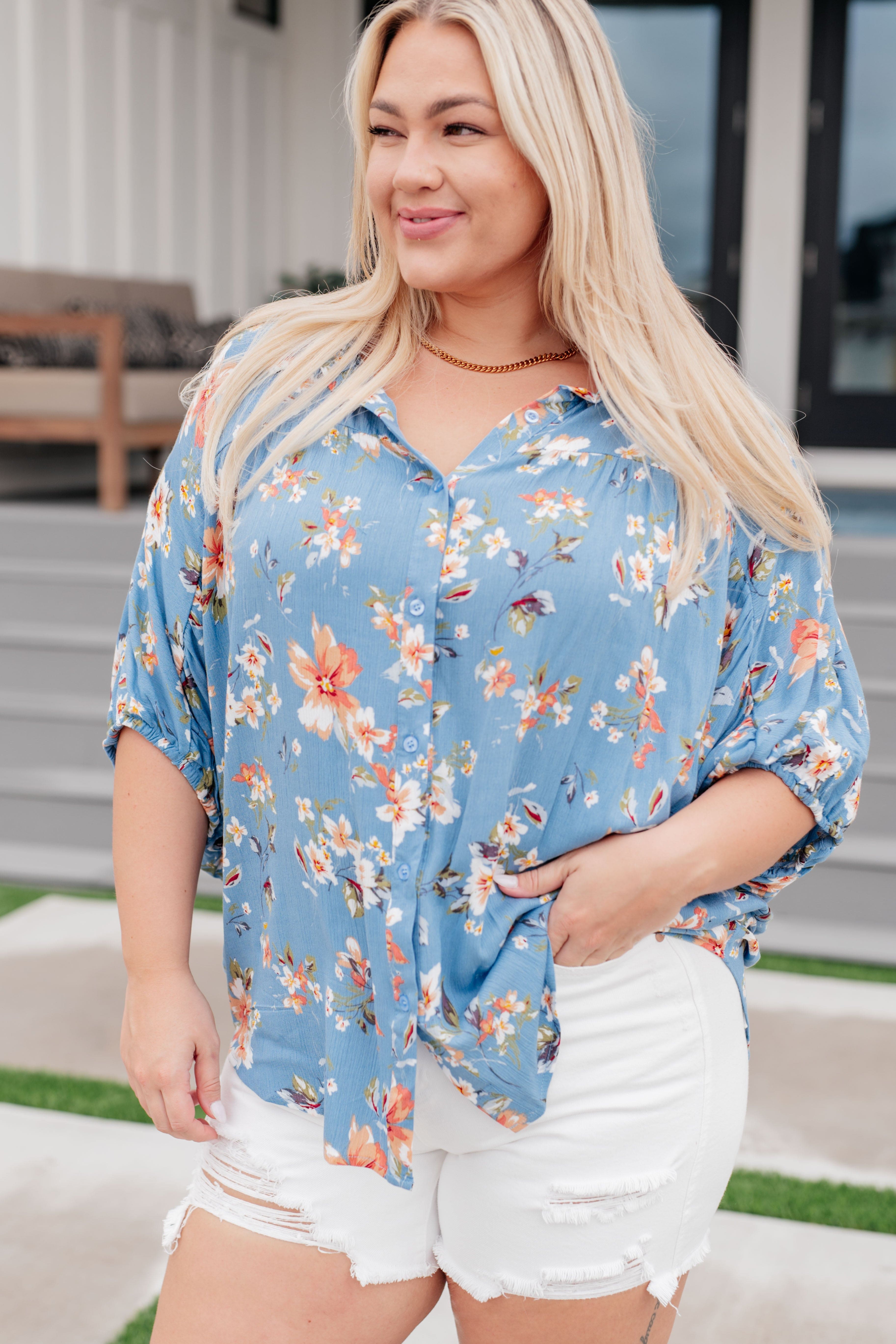 Lanikai Floral Button Down-Tops-Stay Foxy Boutique, Florissant, Missouri