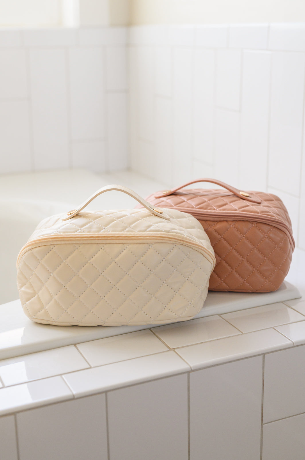 Large Capacity Quilted Makeup Bag in Cream-Accessories-Stay Foxy Boutique, Florissant, Missouri