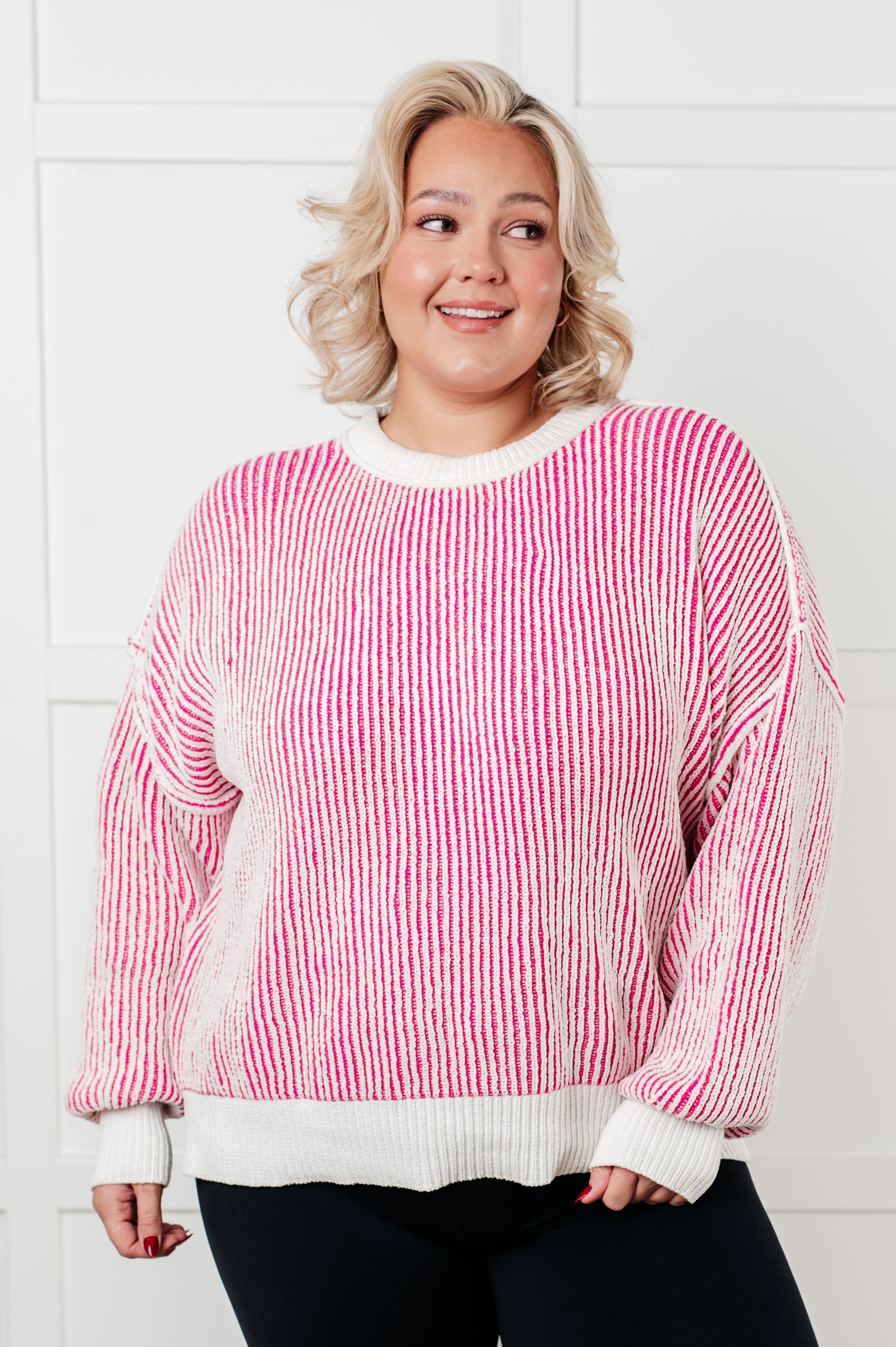 Least High Maintenance Contrast Trim Sweater in Pink-Tops-Stay Foxy Boutique, Florissant, Missouri