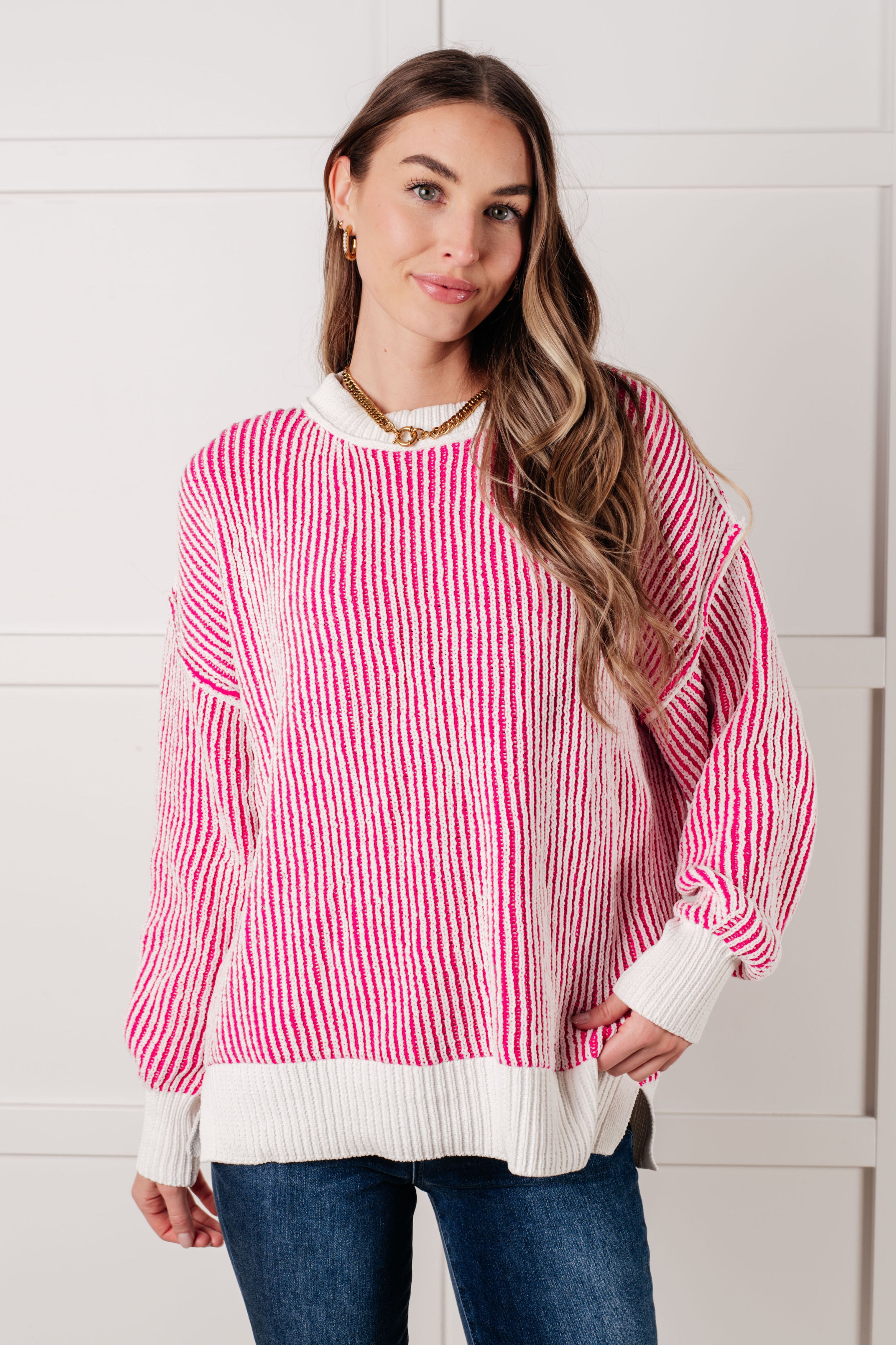 Least High Maintenance Contrast Trim Sweater in Pink-Tops-Stay Foxy Boutique, Florissant, Missouri