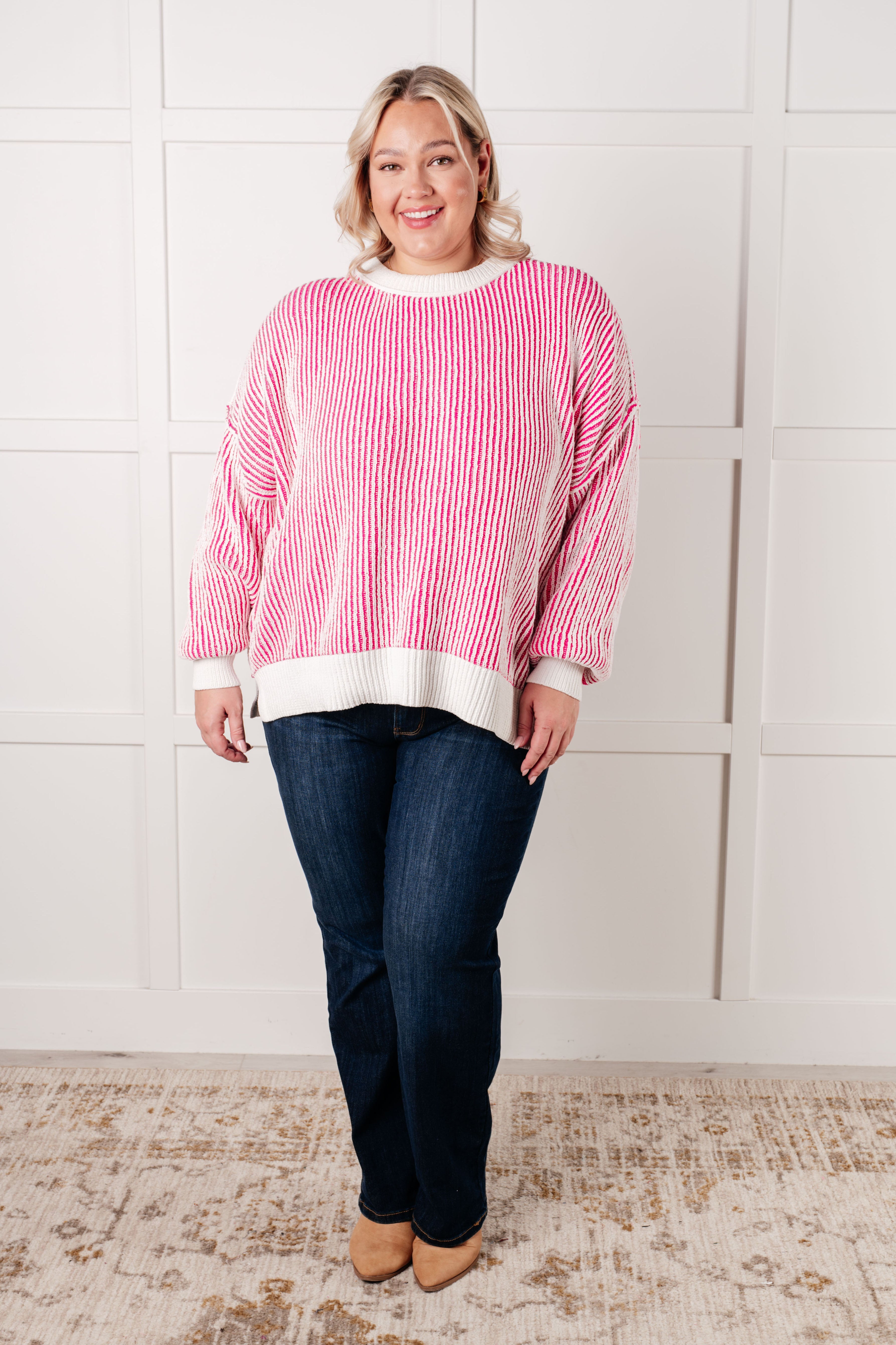 Least High Maintenance Contrast Trim Sweater in Pink-Tops-Stay Foxy Boutique, Florissant, Missouri
