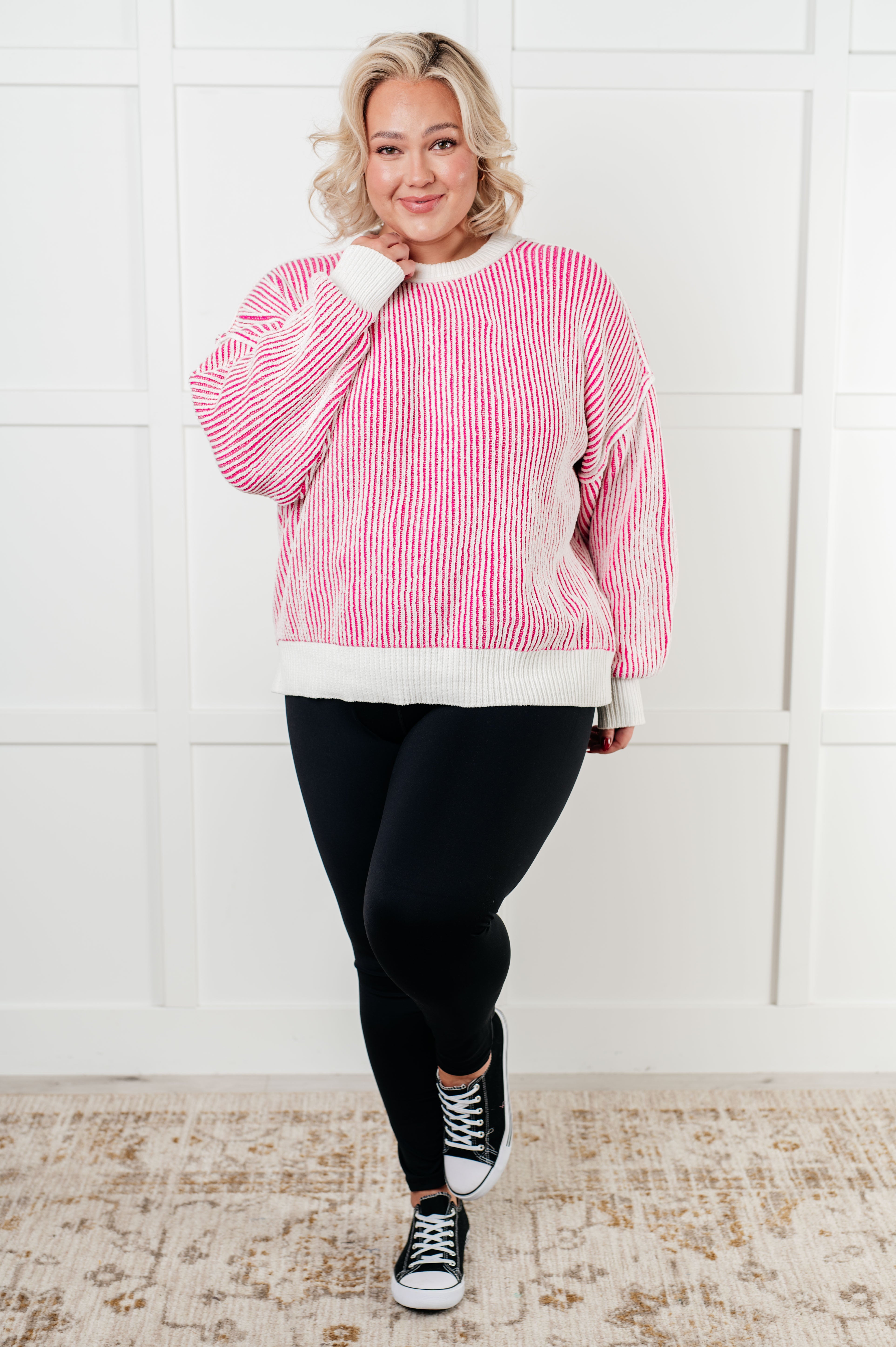 Least High Maintenance Contrast Trim Sweater in Pink-Tops-Stay Foxy Boutique, Florissant, Missouri