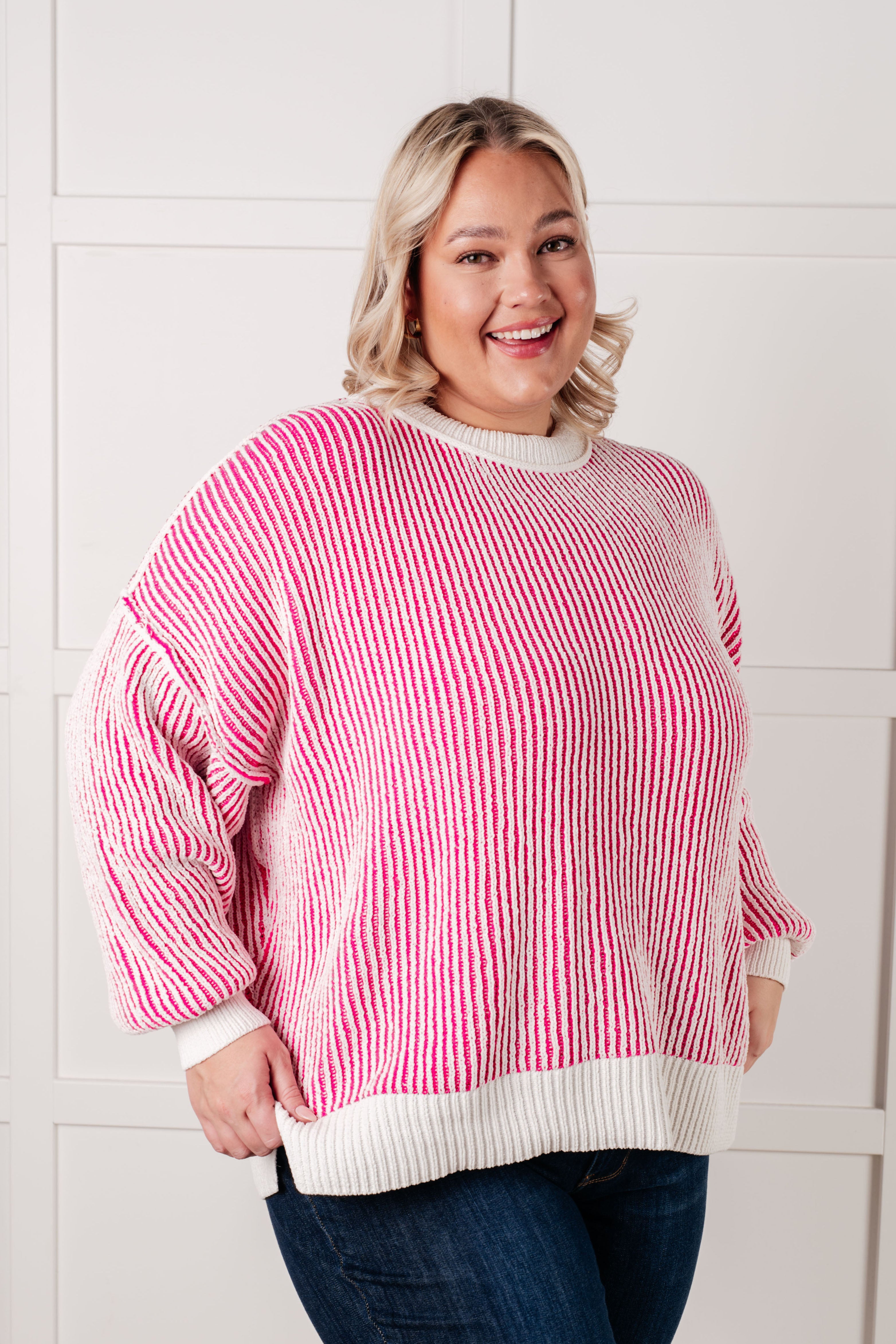 Least High Maintenance Contrast Trim Sweater in Pink-Tops-Stay Foxy Boutique, Florissant, Missouri