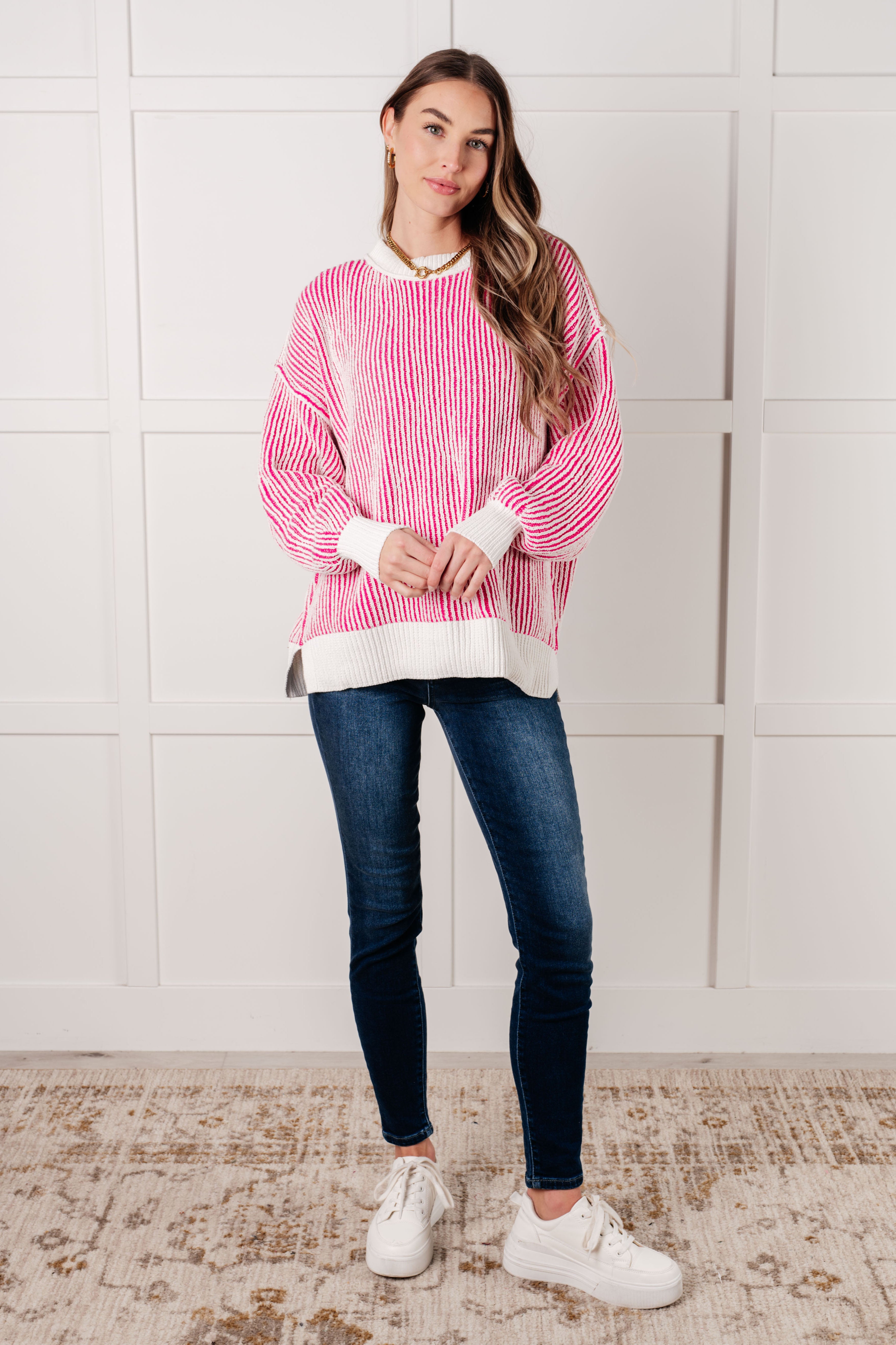 Least High Maintenance Contrast Trim Sweater in Pink-Tops-Stay Foxy Boutique, Florissant, Missouri