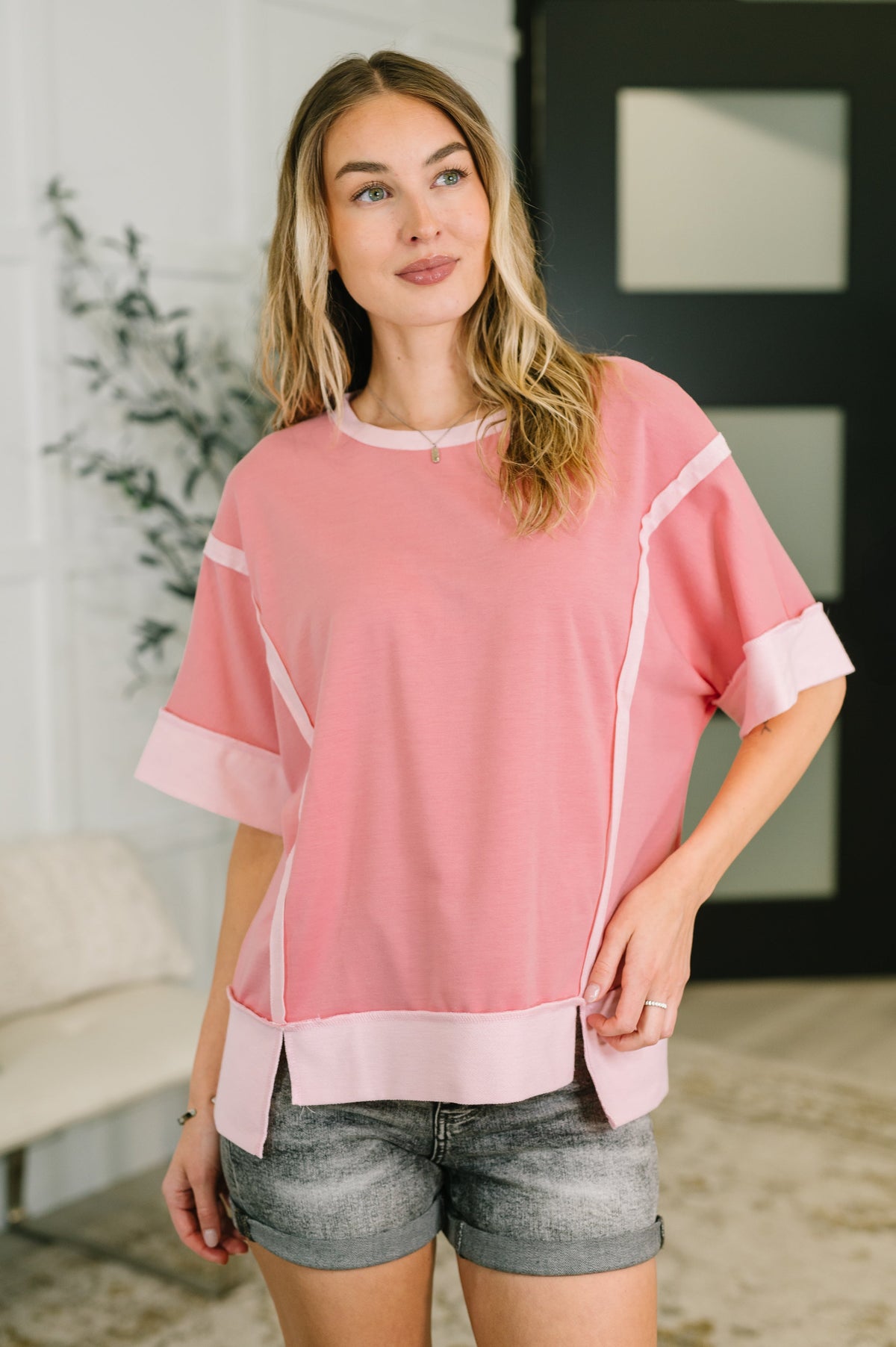 Like Two Old Friends Exposed Seam Top in Pink-Womens-Stay Foxy Boutique, Florissant, Missouri