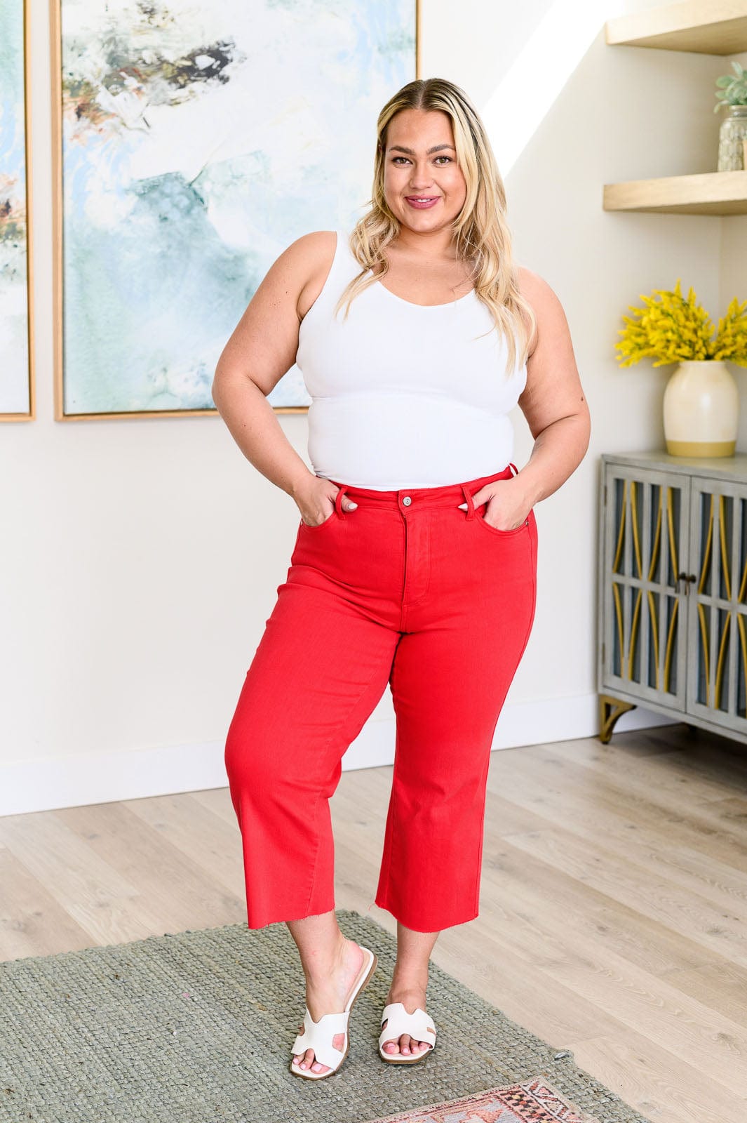 Lisa High Rise Control Top Wide Leg Crop Jeans in Red-Denim-Stay Foxy Boutique, Florissant, Missouri