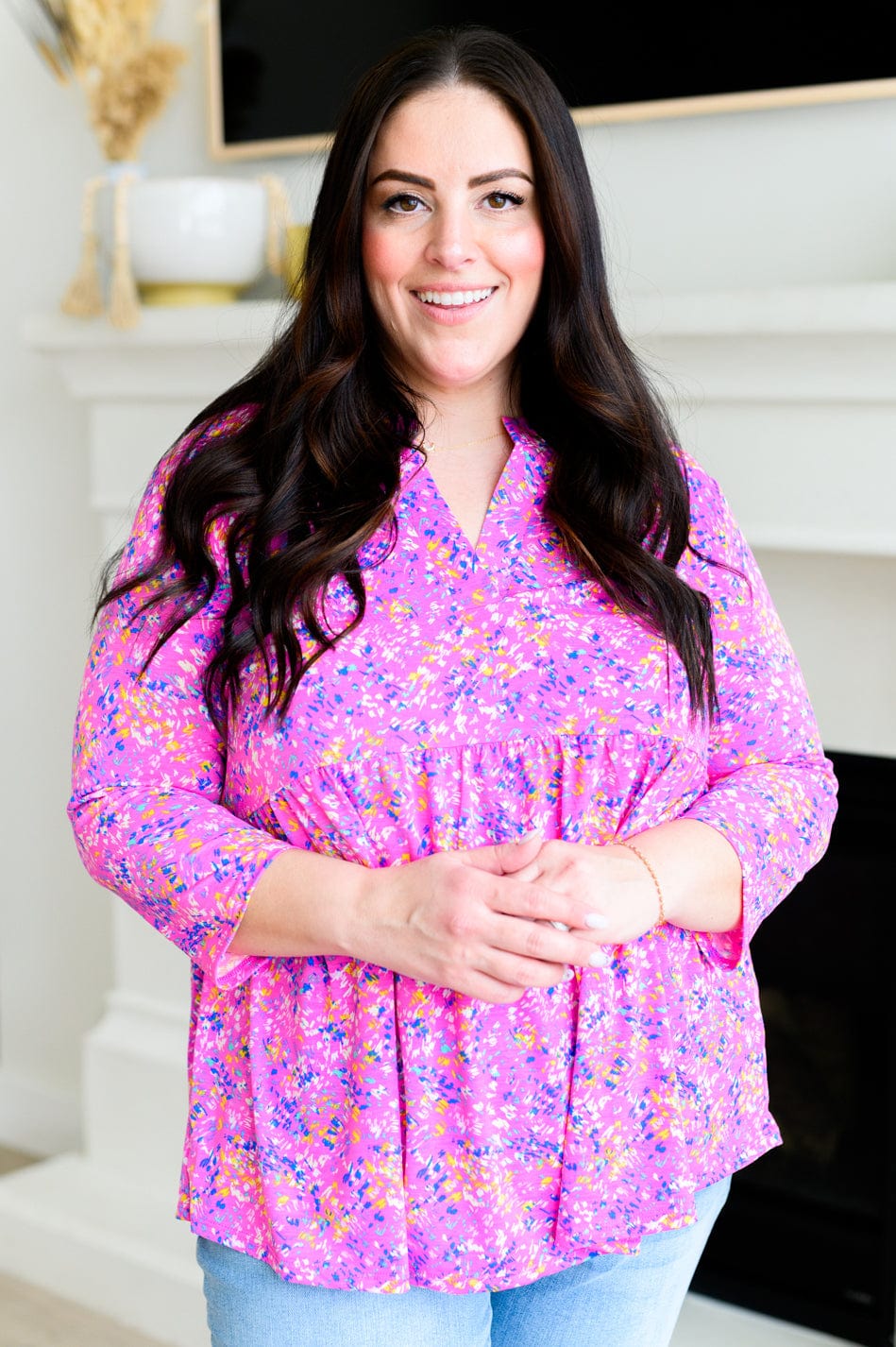 Lizzy Babydoll Top in Magenta Brushstrokes-Tops-Stay Foxy Boutique, Florissant, Missouri