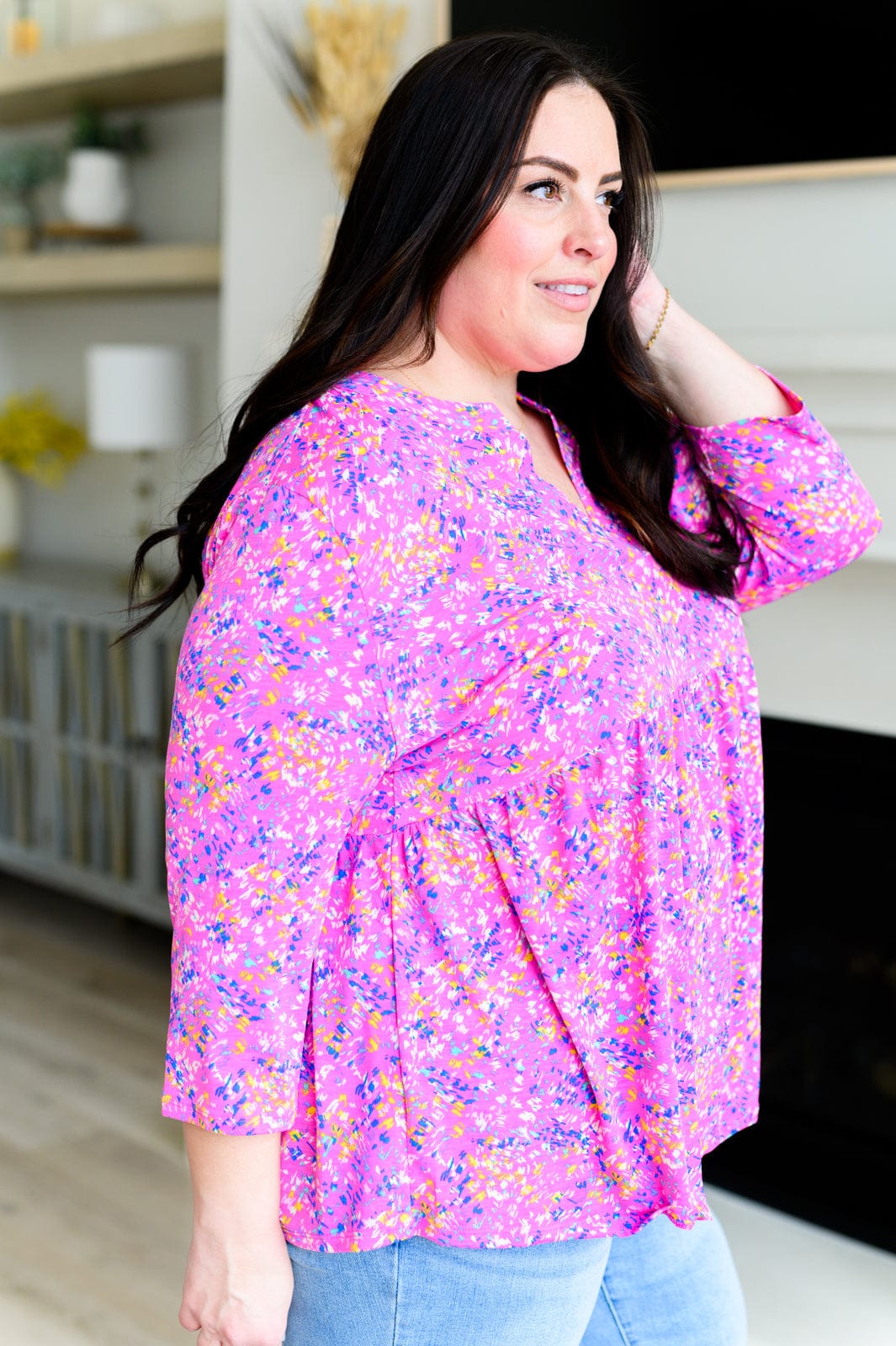 Lizzy Babydoll Top in Magenta Brushstrokes-Tops-Stay Foxy Boutique, Florissant, Missouri