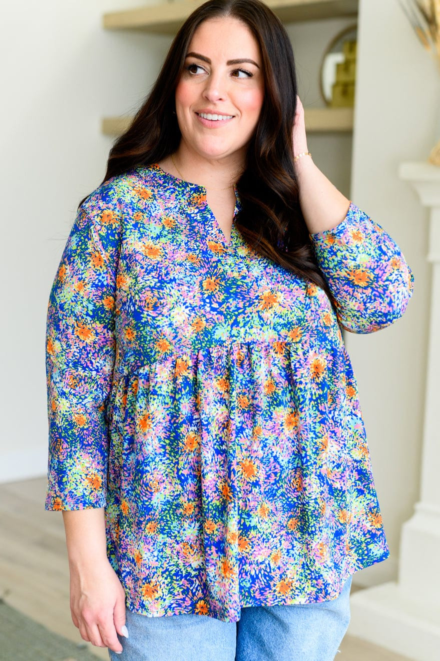 Lizzy Babydoll Top in Royal Multi Fireworks-Tops-Stay Foxy Boutique, Florissant, Missouri