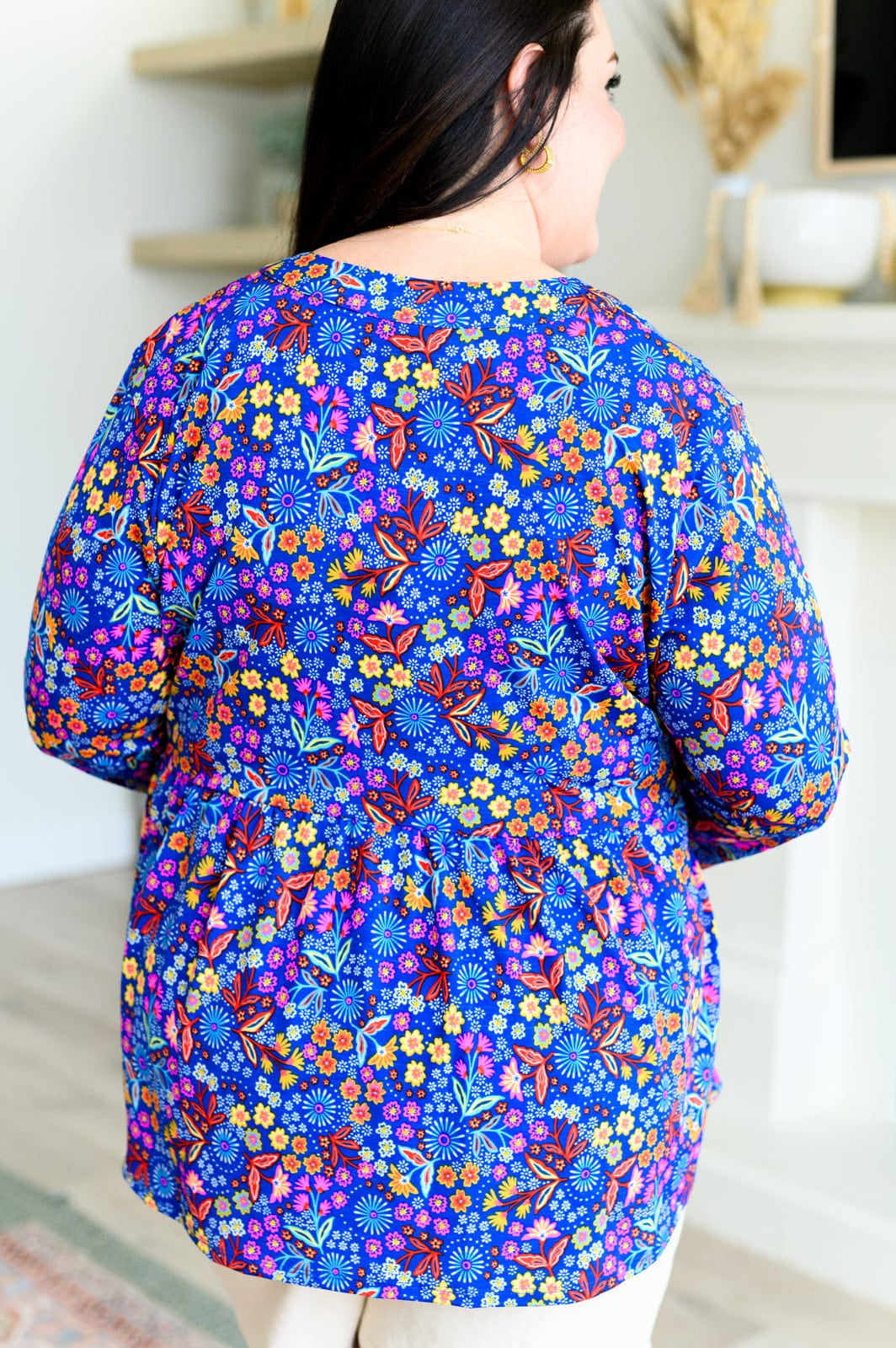 Lizzy Babydoll Top in Royal Retro Floral-Tops-Stay Foxy Boutique, Florissant, Missouri