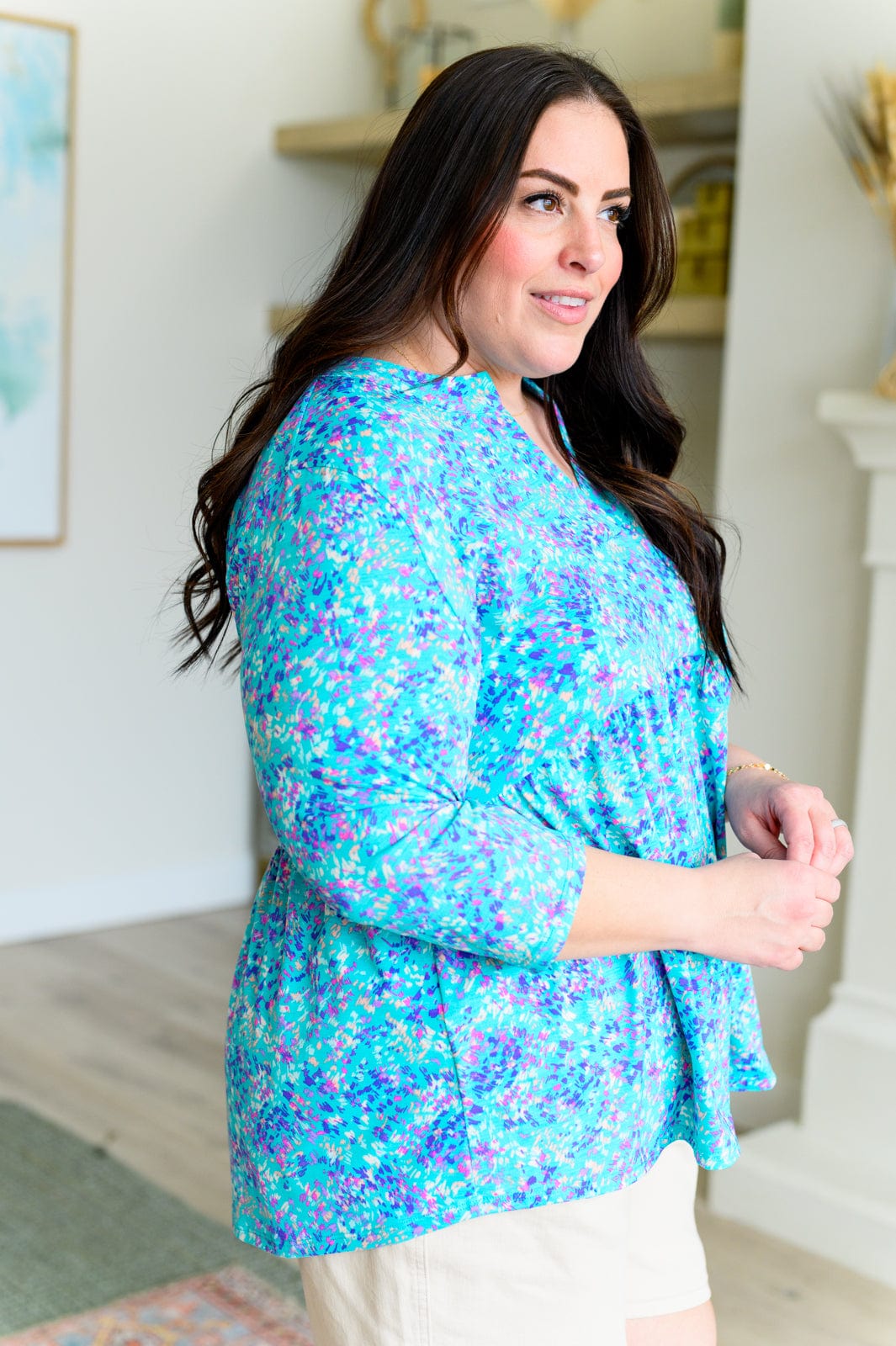 Lizzy Babydoll Top in Teal Brushstrokes-Tops-Stay Foxy Boutique, Florissant, Missouri