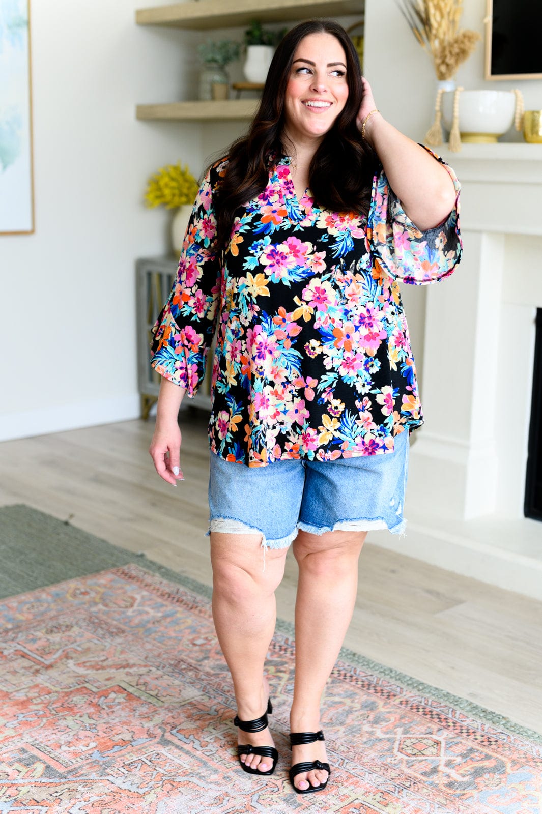 Lizzy Bell Sleeve Top Black and Teal Tropical Floral-Tops-Stay Foxy Boutique, Florissant, Missouri