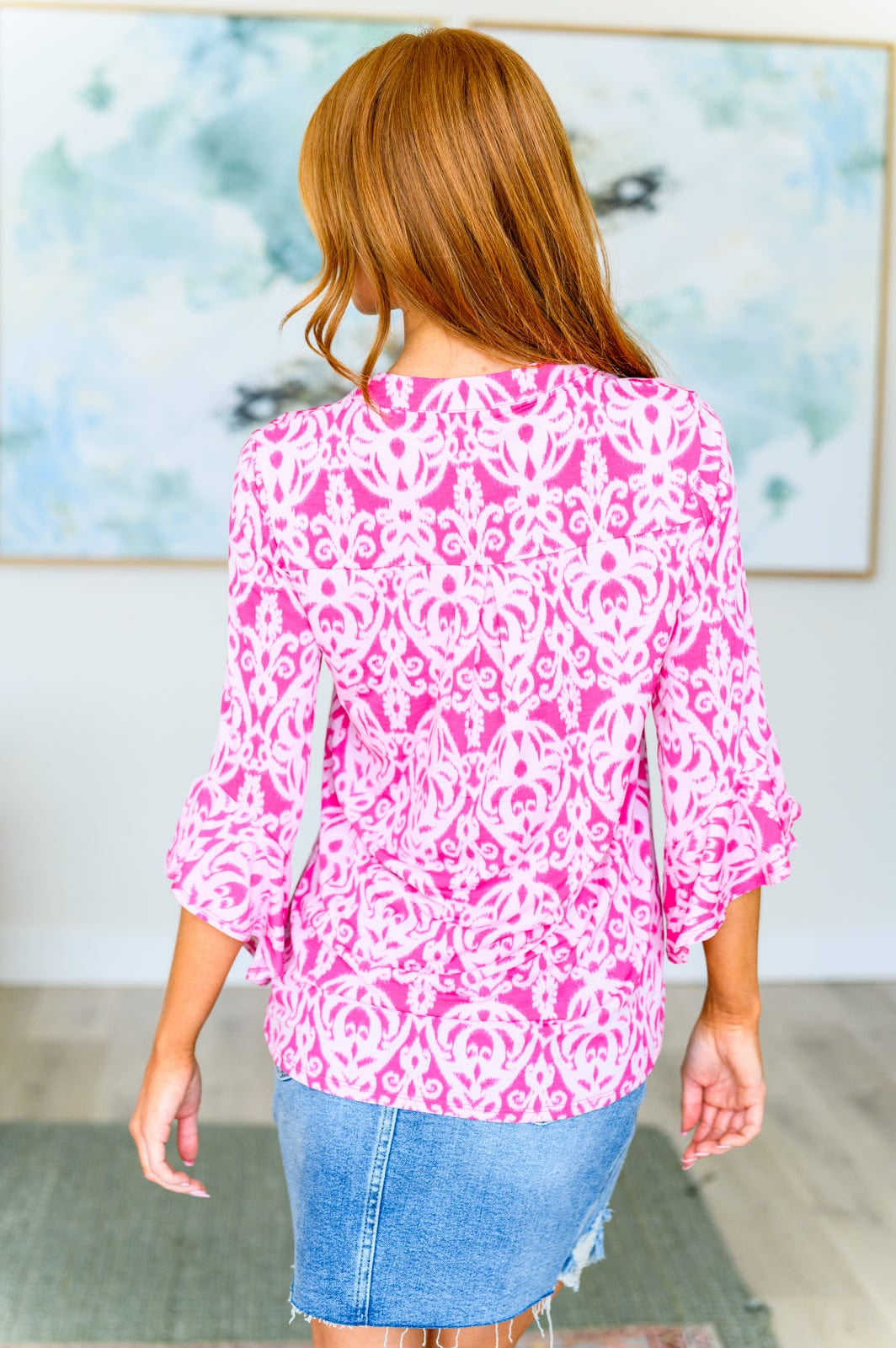 Lizzy Bell Sleeve Top in Hot Pink Damask-Tops-Stay Foxy Boutique, Florissant, Missouri