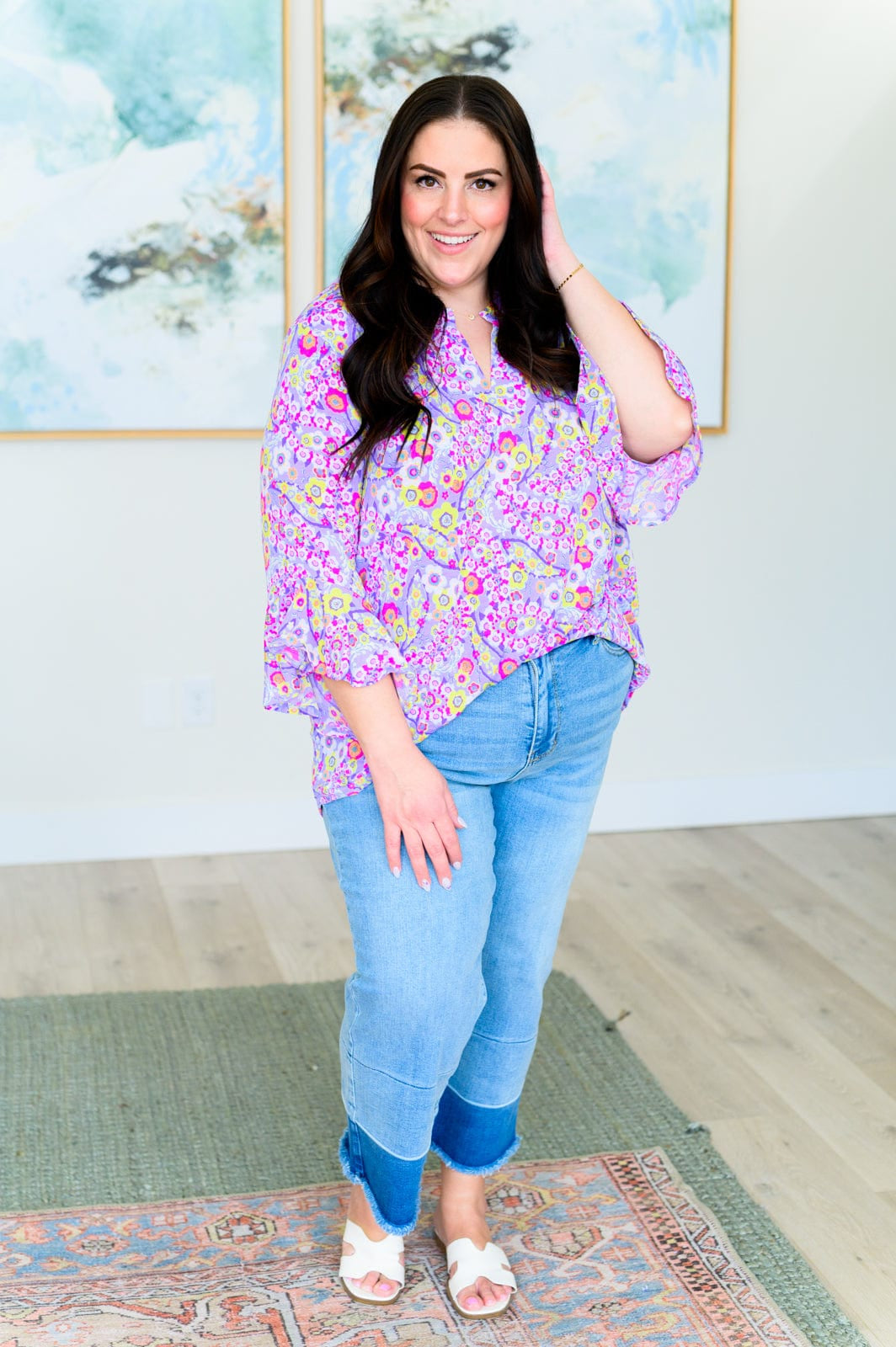 Lizzy Bell Sleeve Top in Lavender Retro Ditsy Floral-Tops-Stay Foxy Boutique, Florissant, Missouri