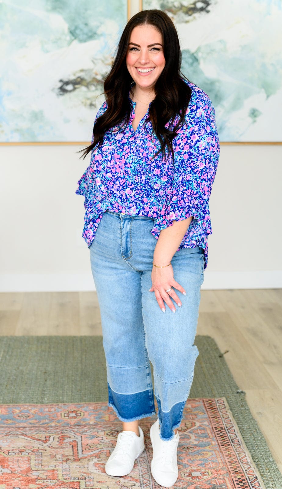 Lizzy Bell Sleeve Top in Navy and Pink Floral-Tops-Stay Foxy Boutique, Florissant, Missouri