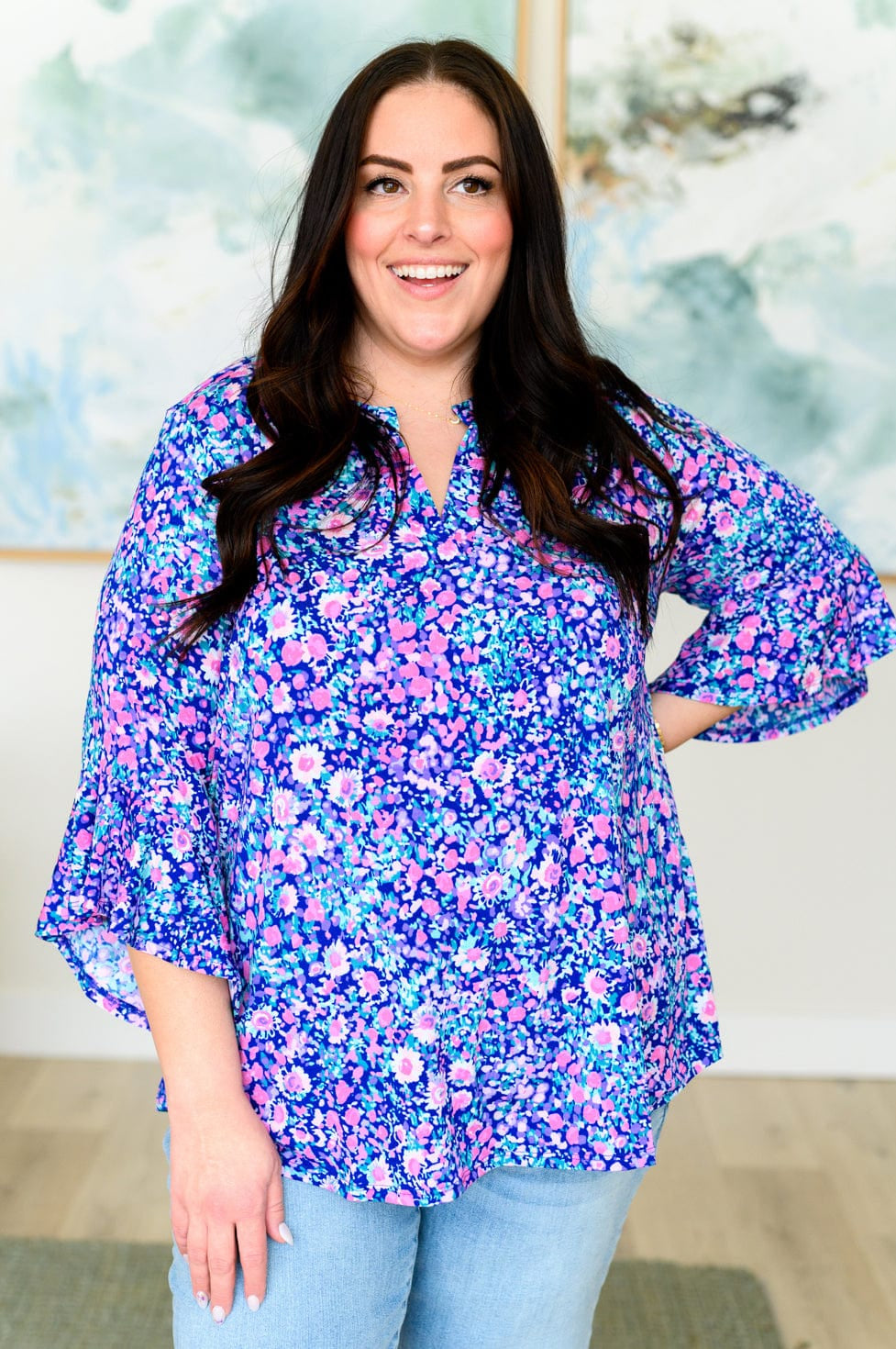 Lizzy Bell Sleeve Top in Navy and Pink Floral-Tops-Stay Foxy Boutique, Florissant, Missouri
