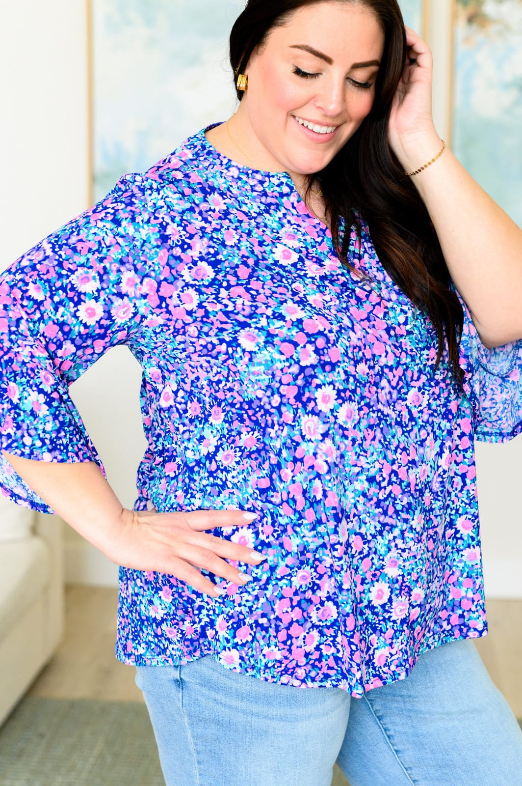 Lizzy Bell Sleeve Top in Navy and Pink Floral-Tops-Stay Foxy Boutique, Florissant, Missouri