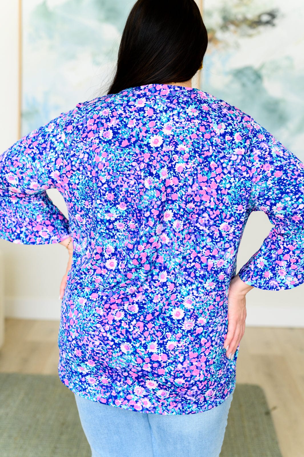 Lizzy Bell Sleeve Top in Navy and Pink Floral-Tops-Stay Foxy Boutique, Florissant, Missouri