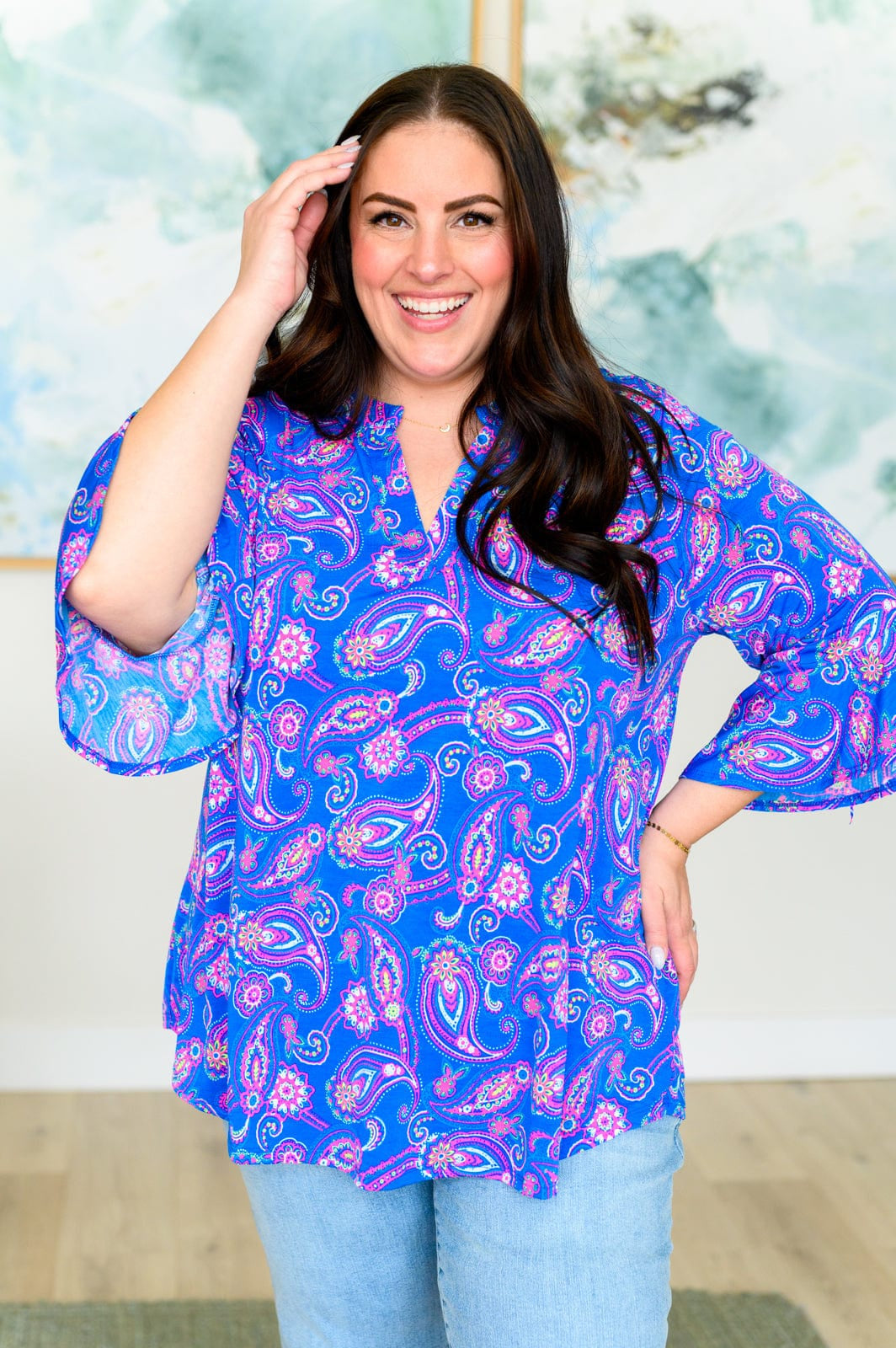 Lizzy Bell Sleeve Top in Royal Paisley-Tops-Stay Foxy Boutique, Florissant, Missouri
