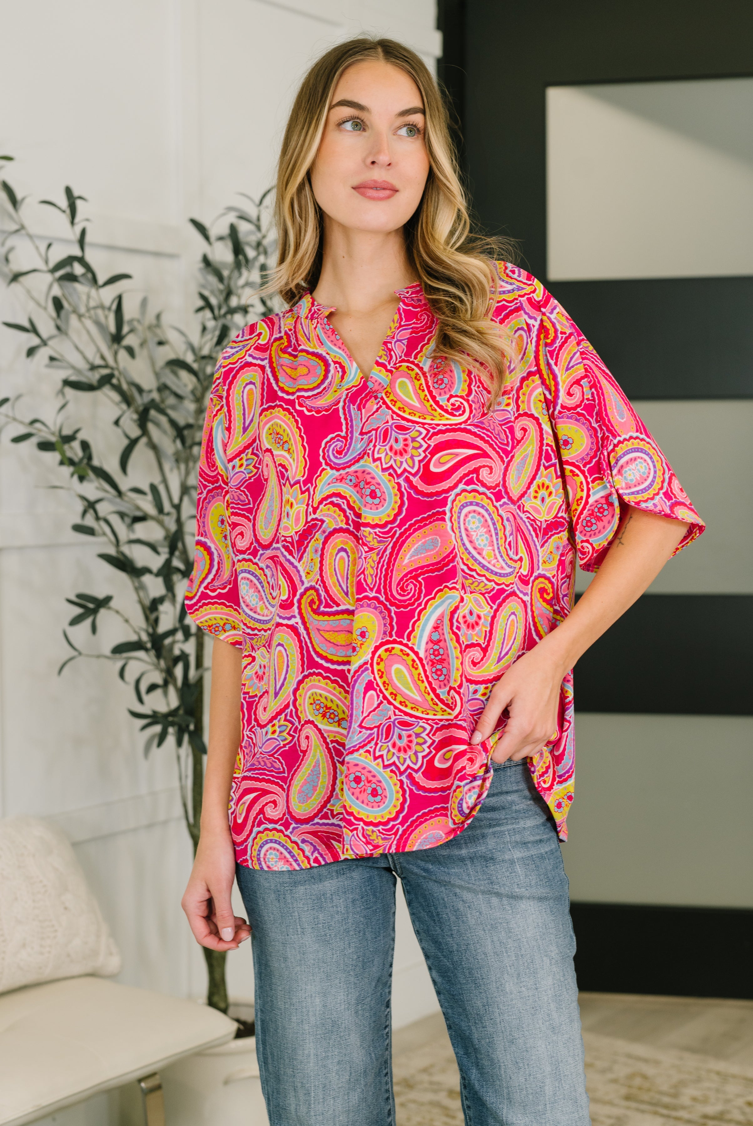 Lizzy Breeze Top in Hot Pink Paisley-Womens-Stay Foxy Boutique, Florissant, Missouri