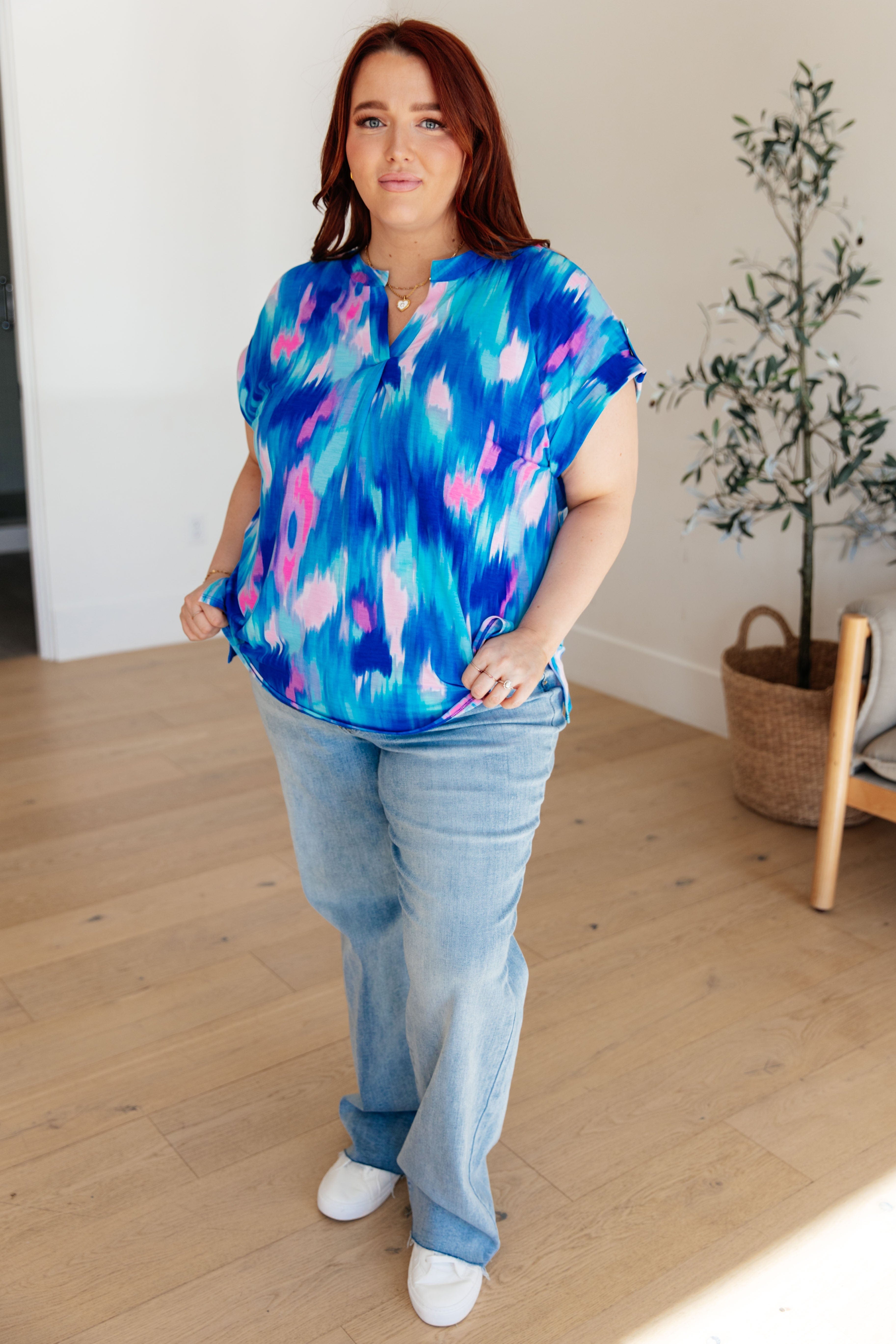 Lizzy Cap Sleeve Top in Royal Brush Strokes-Womens-Stay Foxy Boutique, Florissant, Missouri