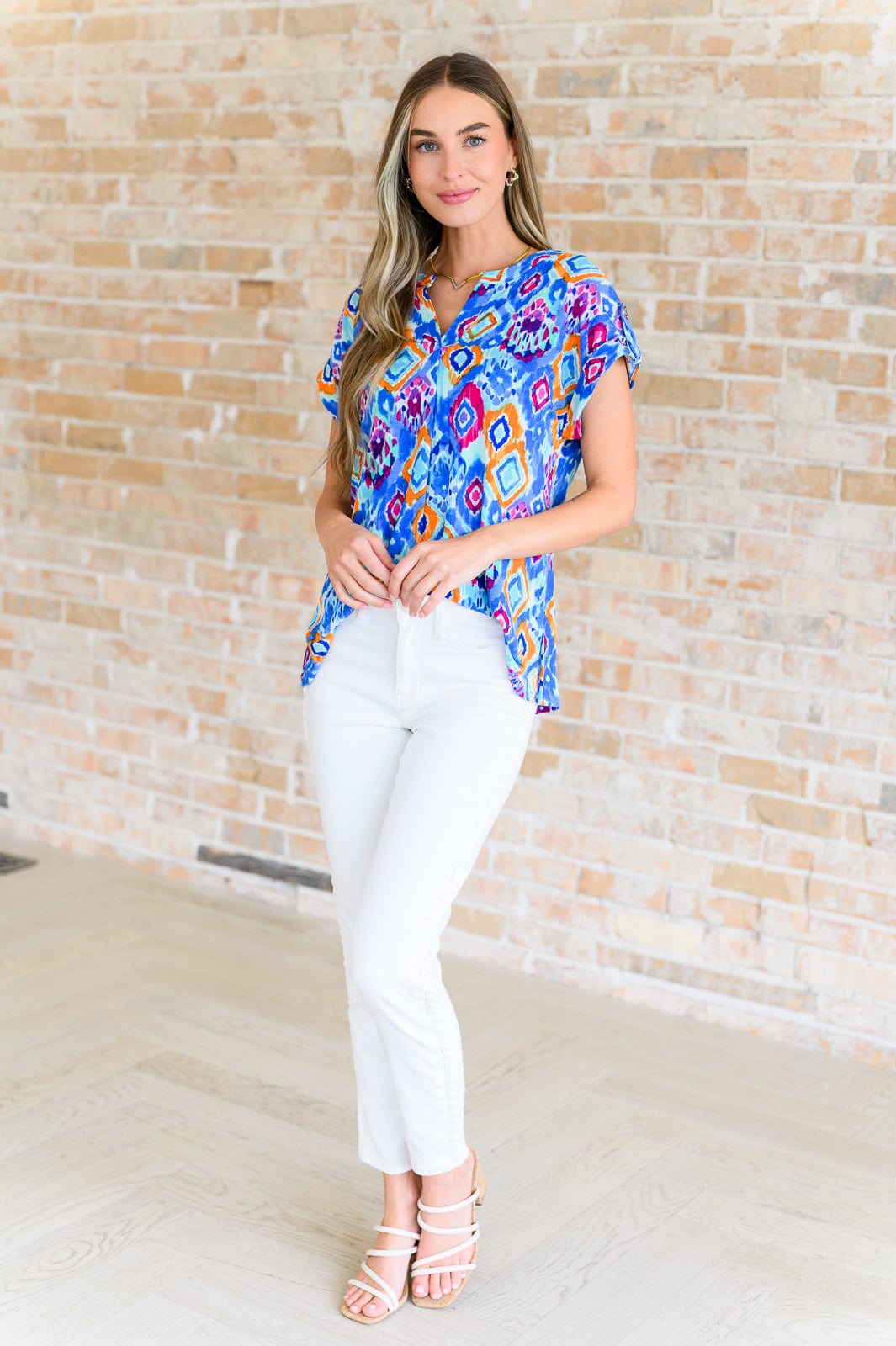 Lizzy Cap Sleeve Top in Blue and Magenta Ikat-Tops-Stay Foxy Boutique, Florissant, Missouri