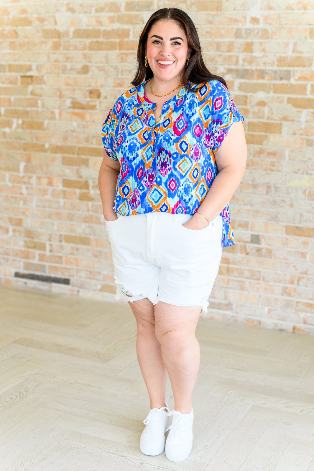 Lizzy Cap Sleeve Top in Blue and Magenta Ikat-Tops-Stay Foxy Boutique, Florissant, Missouri