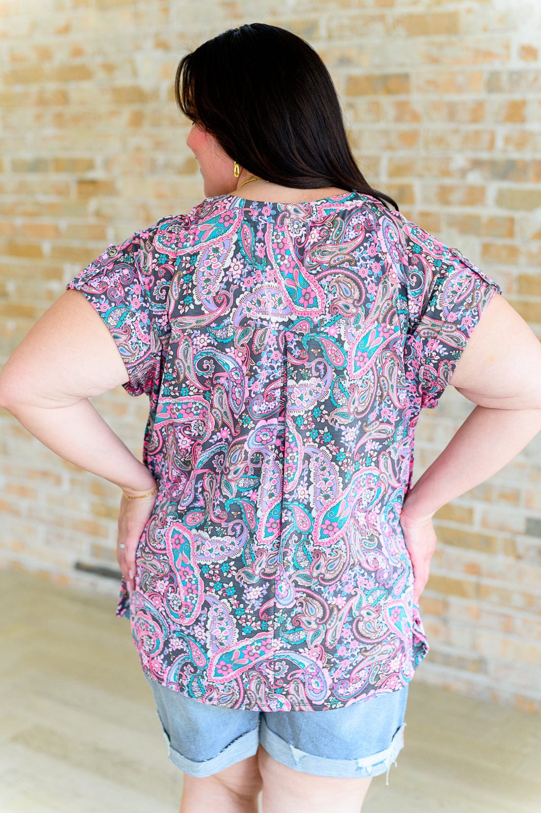 Lizzy Cap Sleeve Top in Charcoal and Pink Paisley-Tops-Stay Foxy Boutique, Florissant, Missouri