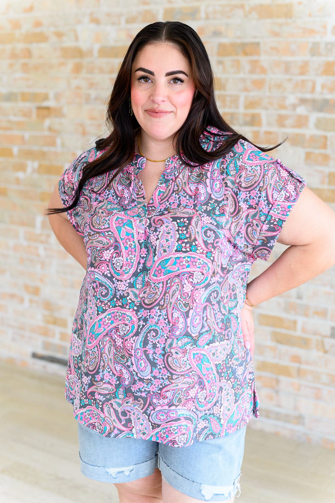 Lizzy Cap Sleeve Top in Charcoal and Pink Paisley-Tops-Stay Foxy Boutique, Florissant, Missouri