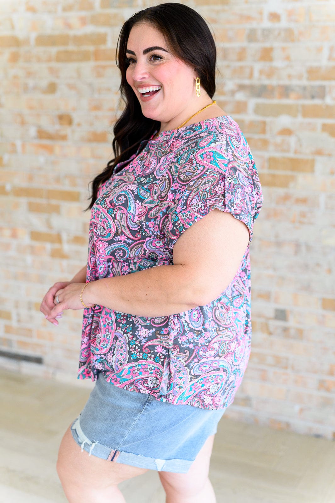 Lizzy Cap Sleeve Top in Charcoal and Pink Paisley-Tops-Stay Foxy Boutique, Florissant, Missouri