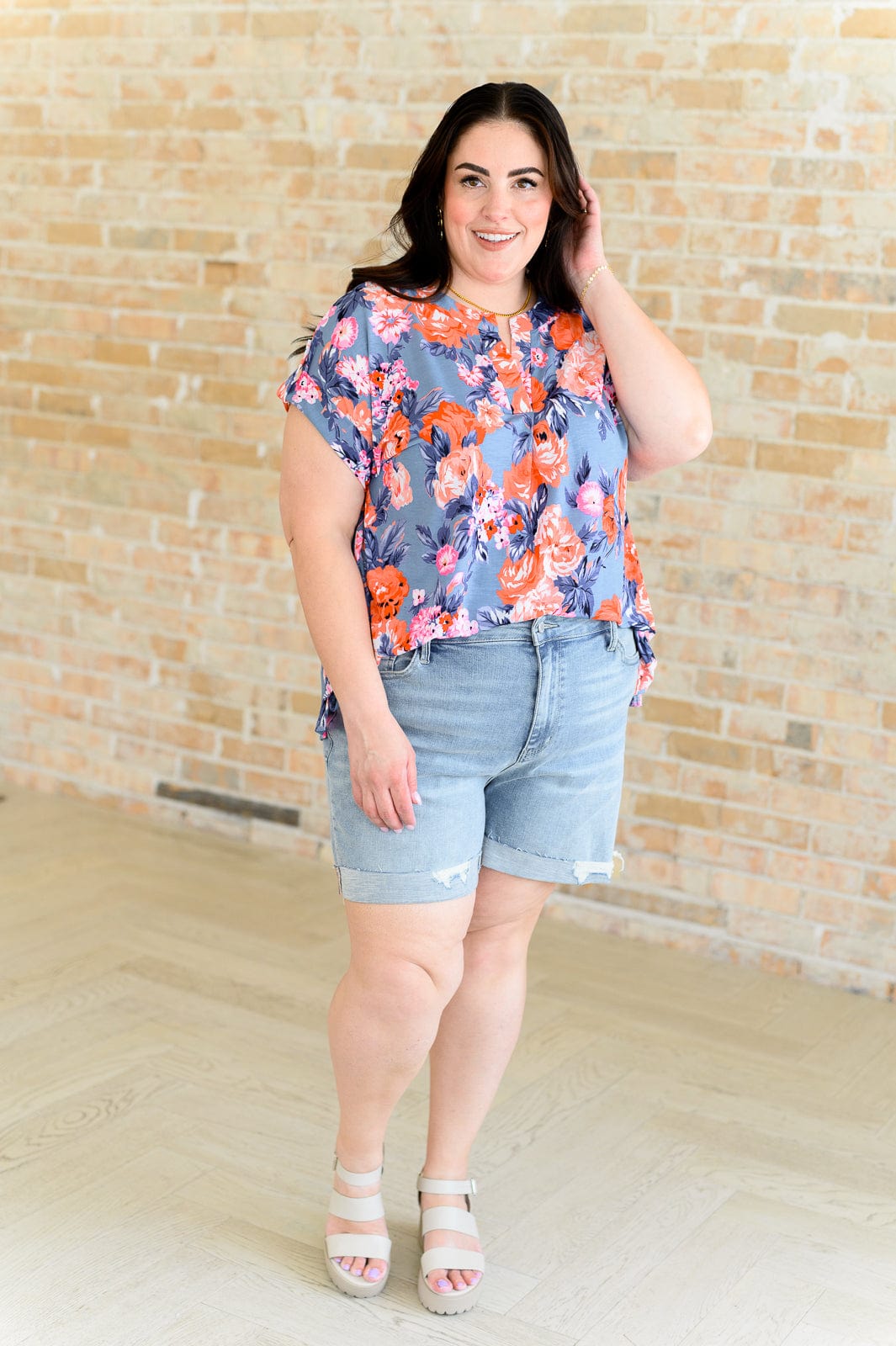 Lizzy Cap Sleeve Top in Dusty Blue and Coral Roses-Tops-Stay Foxy Boutique, Florissant, Missouri