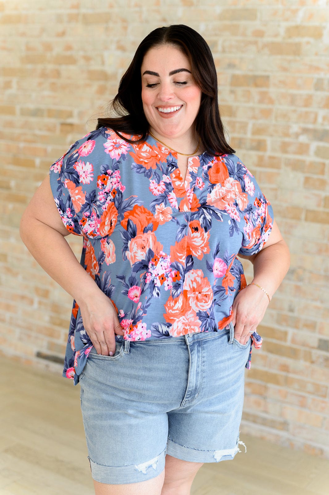 Lizzy Cap Sleeve Top in Dusty Blue and Coral Roses-Tops-Stay Foxy Boutique, Florissant, Missouri