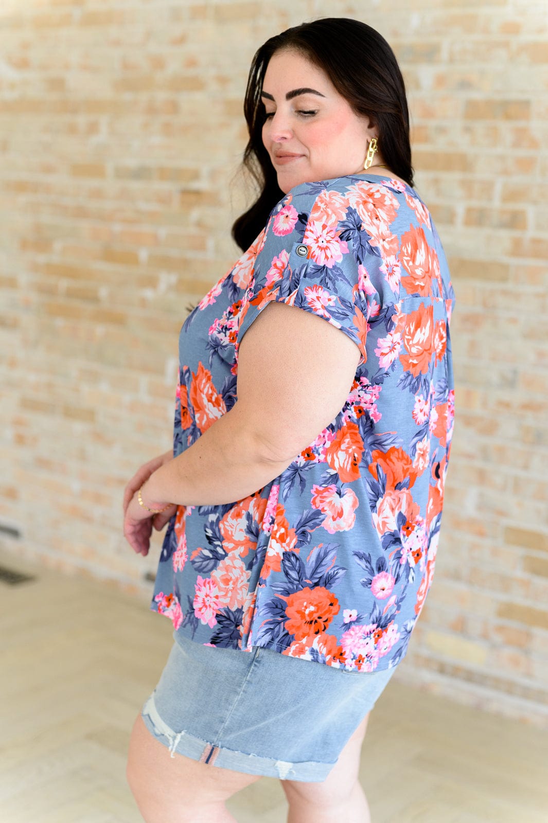 Lizzy Cap Sleeve Top in Dusty Blue and Coral Roses-Tops-Stay Foxy Boutique, Florissant, Missouri