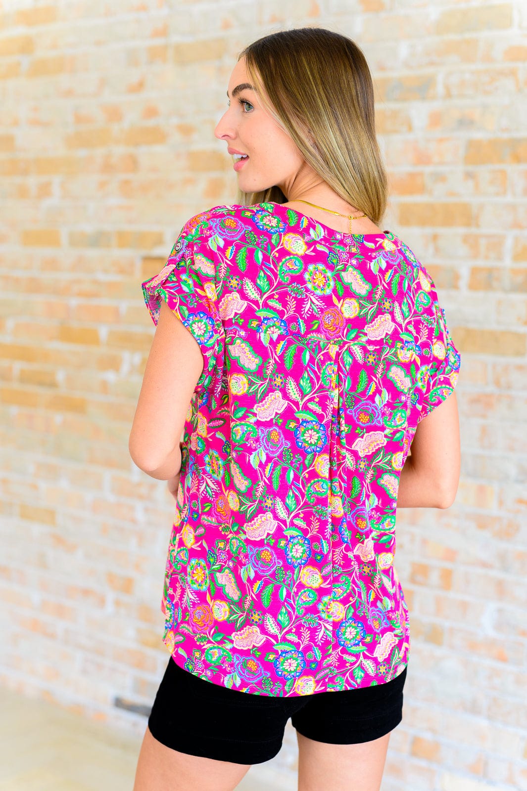 Lizzy Cap Sleeve Top in Fuchsia and Green Floral Paisley-Tops-Stay Foxy Boutique, Florissant, Missouri