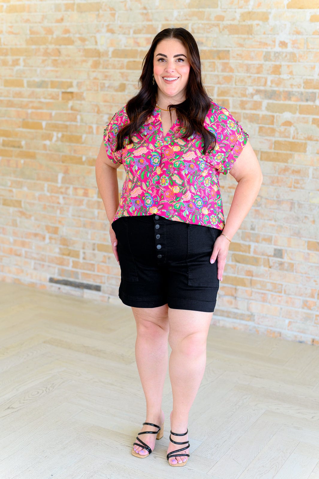 Lizzy Cap Sleeve Top in Fuchsia and Green Floral Paisley-Tops-Stay Foxy Boutique, Florissant, Missouri