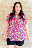 Lizzy Cap Sleeve Top in Fuchsia and Green Floral Paisley-Tops-Stay Foxy Boutique, Florissant, Missouri