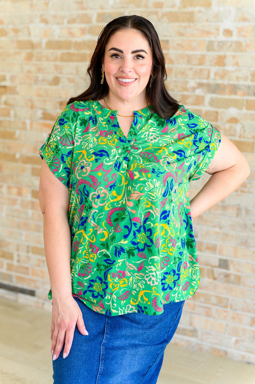 Lizzy Cap Sleeve Top in Green and Royal Watercolor Floral-Tops-Stay Foxy Boutique, Florissant, Missouri